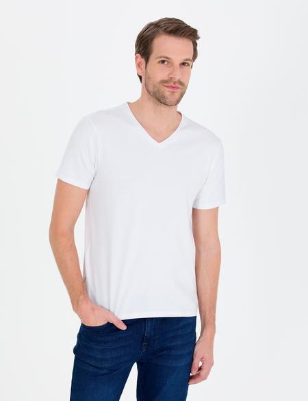 Beyaz Slim Fit V Yaka Basic Tişört - 50268427008