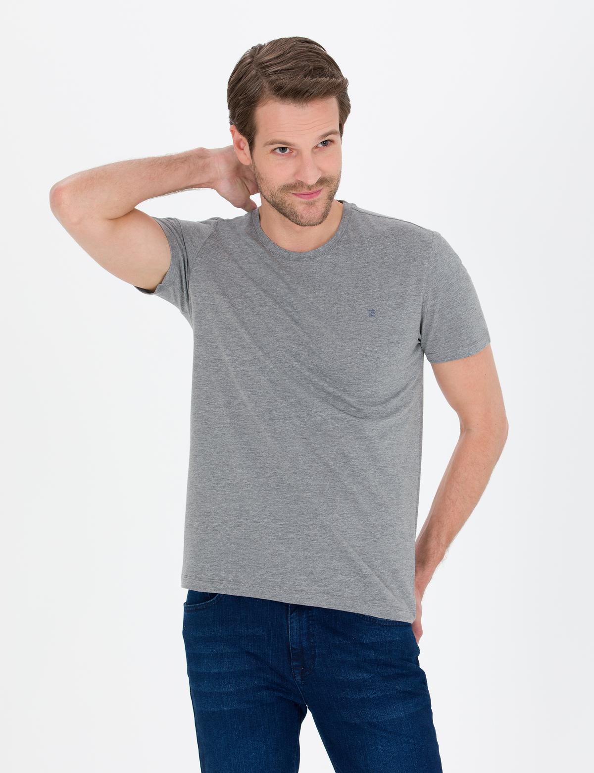 Gri Melanj Slim Fit Bisiklet Yaka Basic Tişört - 50269977046