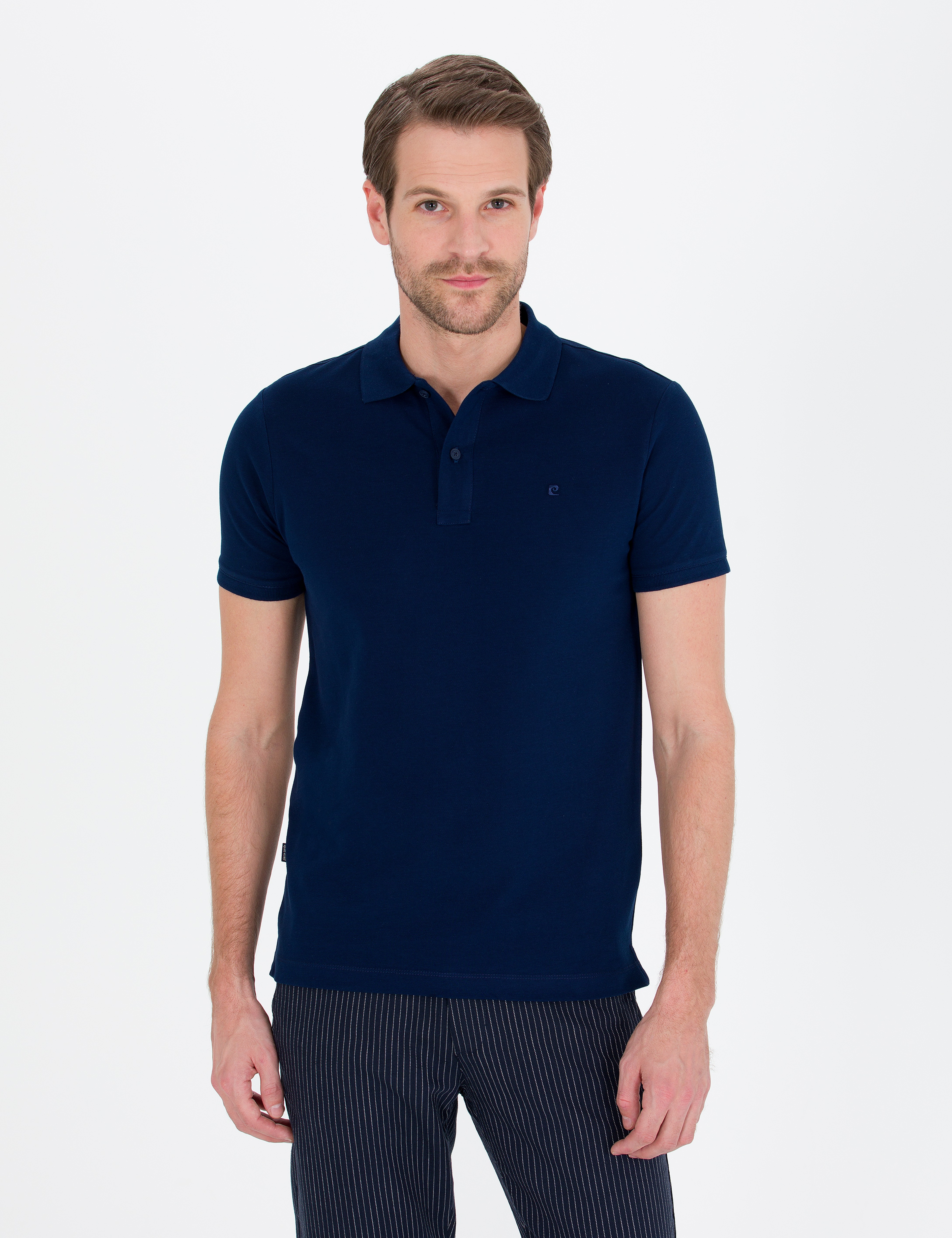 Lacivert Slim Fit %100 Pamuk Düğmeli Polo Yaka Basic Tişört - Image 1