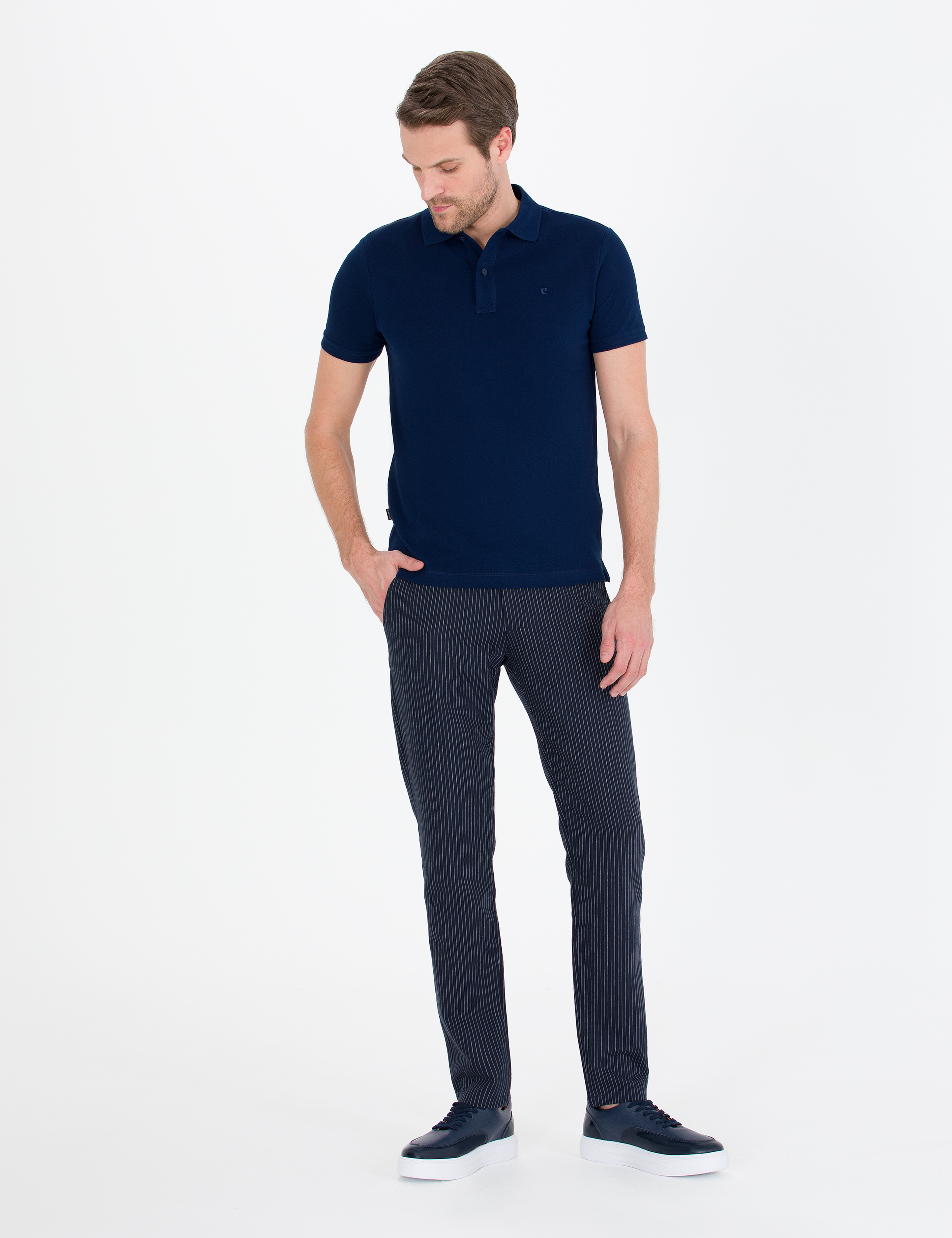 Lacivert Slim Fit %100 Pamuk Düğmeli Polo Yaka Basic Tişört - Image 4