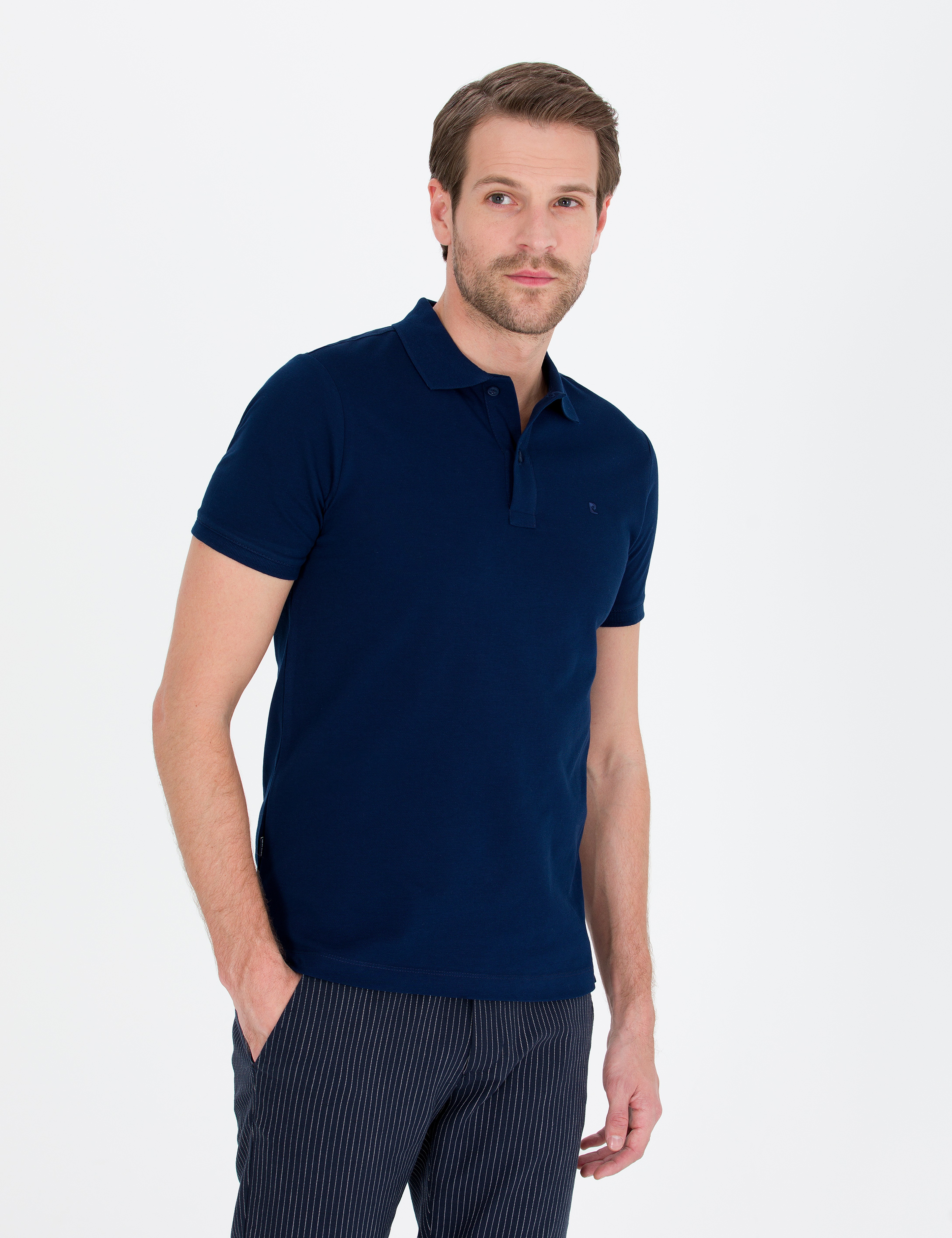 Lacivert Slim Fit %100 Pamuk Düğmeli Polo Yaka Basic Tişört