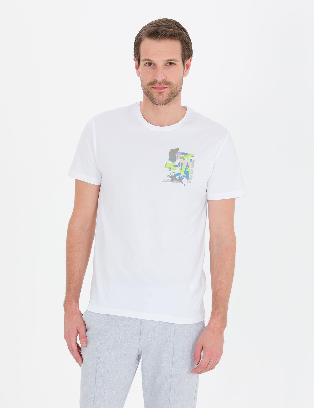 Beyaz Slim Fit Baskılı Bisiklet Yaka Tişört - 50263926026