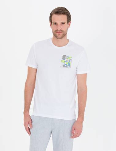Beyaz Slim Fit Baskılı Bisiklet Yaka Tişört
