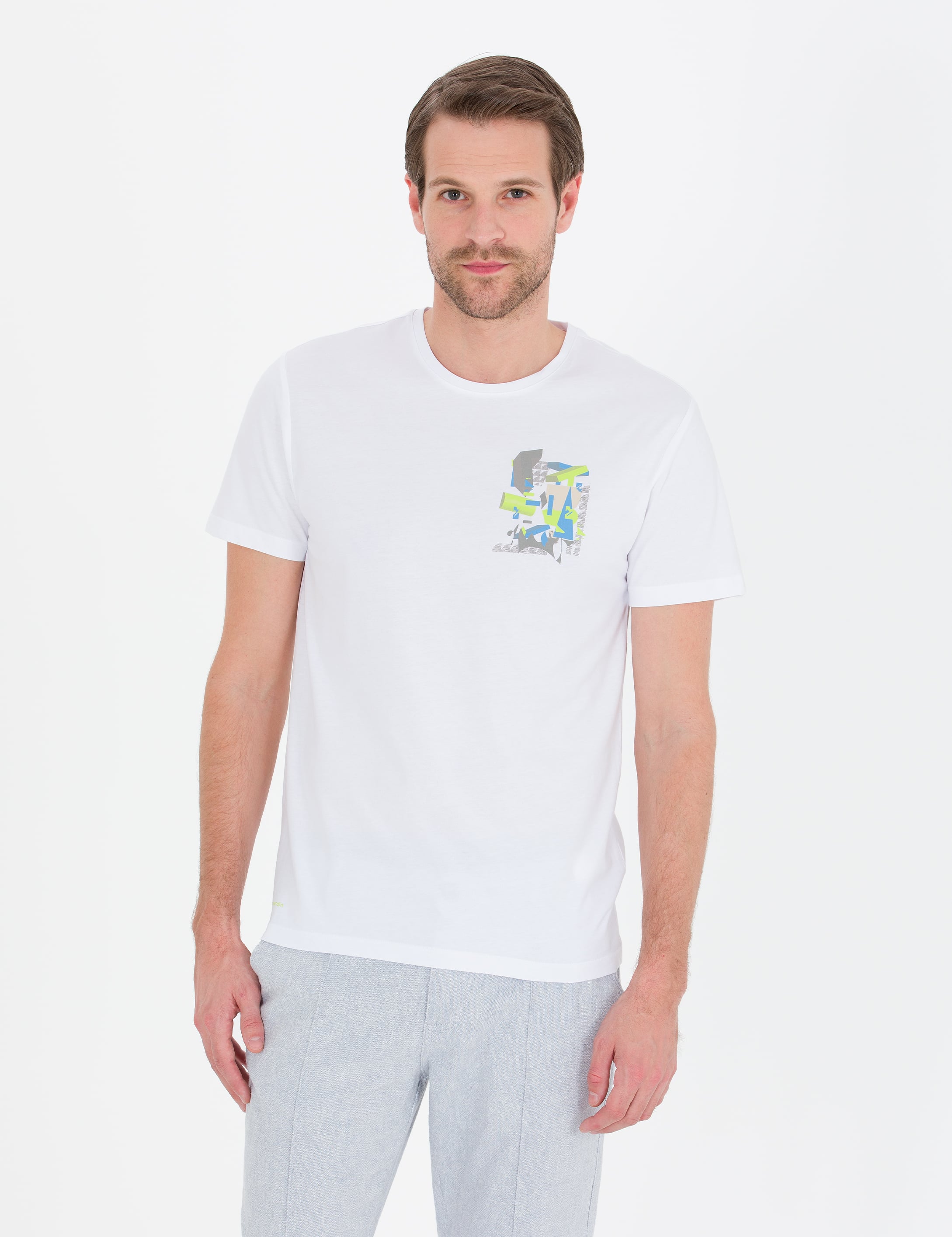 Beyaz Slim Fit Baskılı Bisiklet Yaka Tişört - Image 2