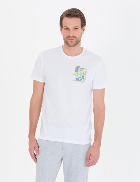 Beyaz Slim Fit Baskılı Bisiklet Yaka Tişört - 50263926026
