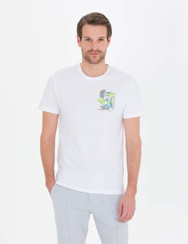 Beyaz Slim Fit Baskılı Bisiklet Yaka Tişört