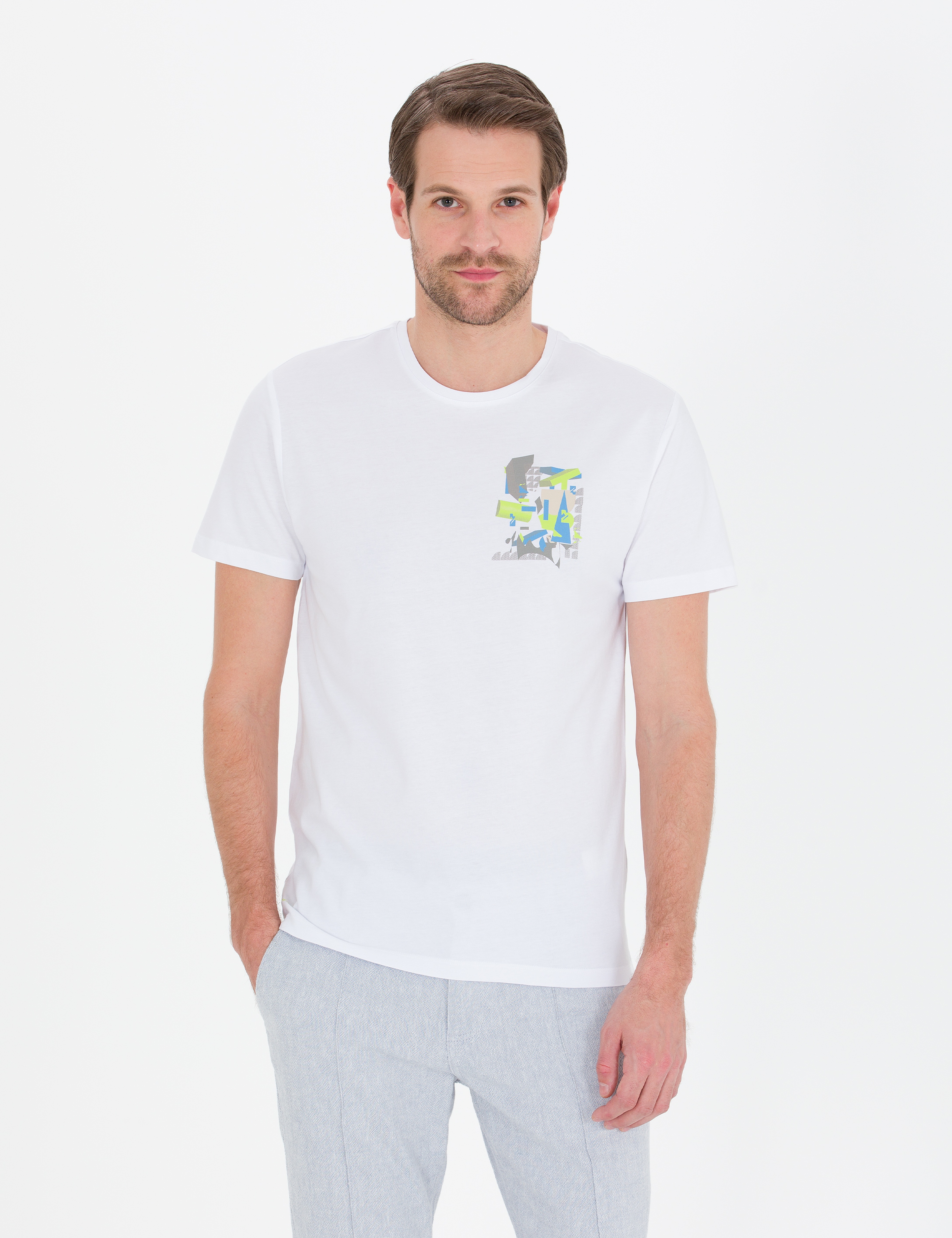 Beyaz Slim Fit Baskılı Bisiklet Yaka Tişört - Image 3