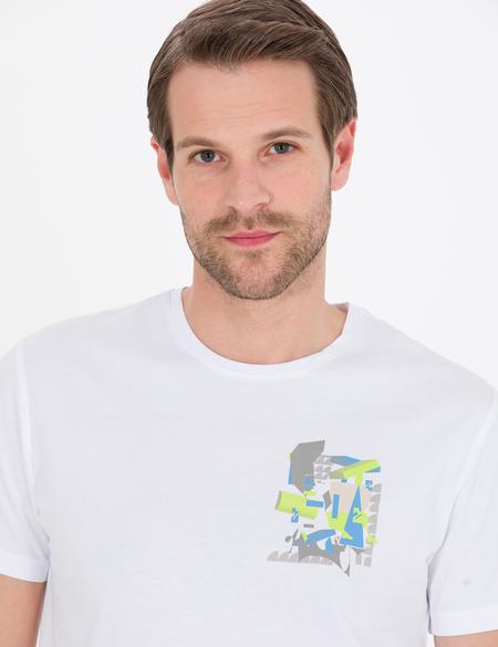 Beyaz Slim Fit Baskılı Bisiklet Yaka Tişört - 50263926026