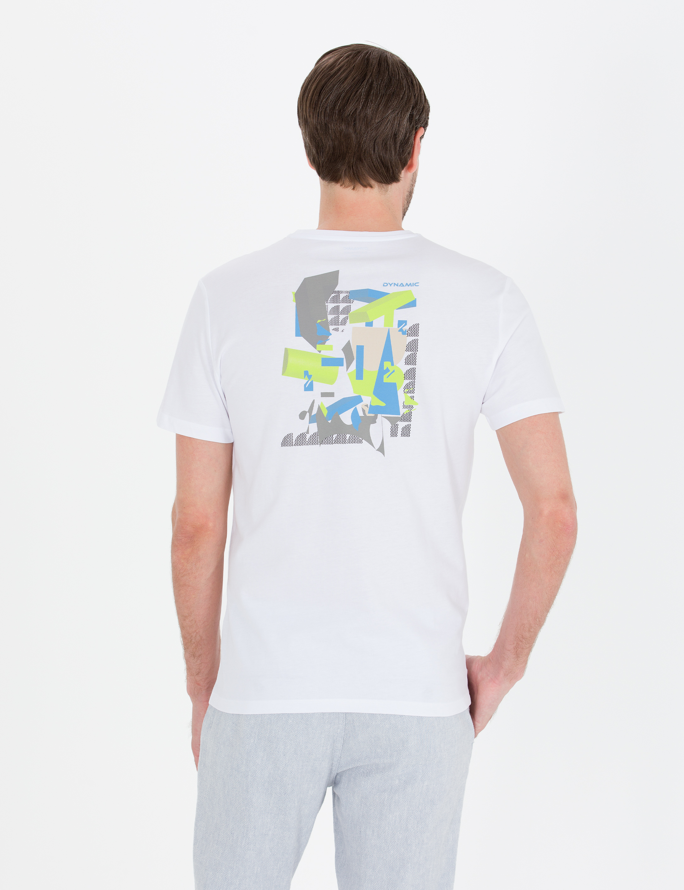 Beyaz Slim Fit Baskılı Bisiklet Yaka Tişört