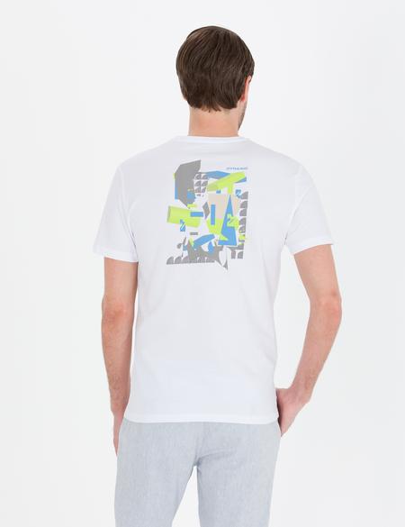 Beyaz Slim Fit Baskılı Bisiklet Yaka Tişört - 50263926026