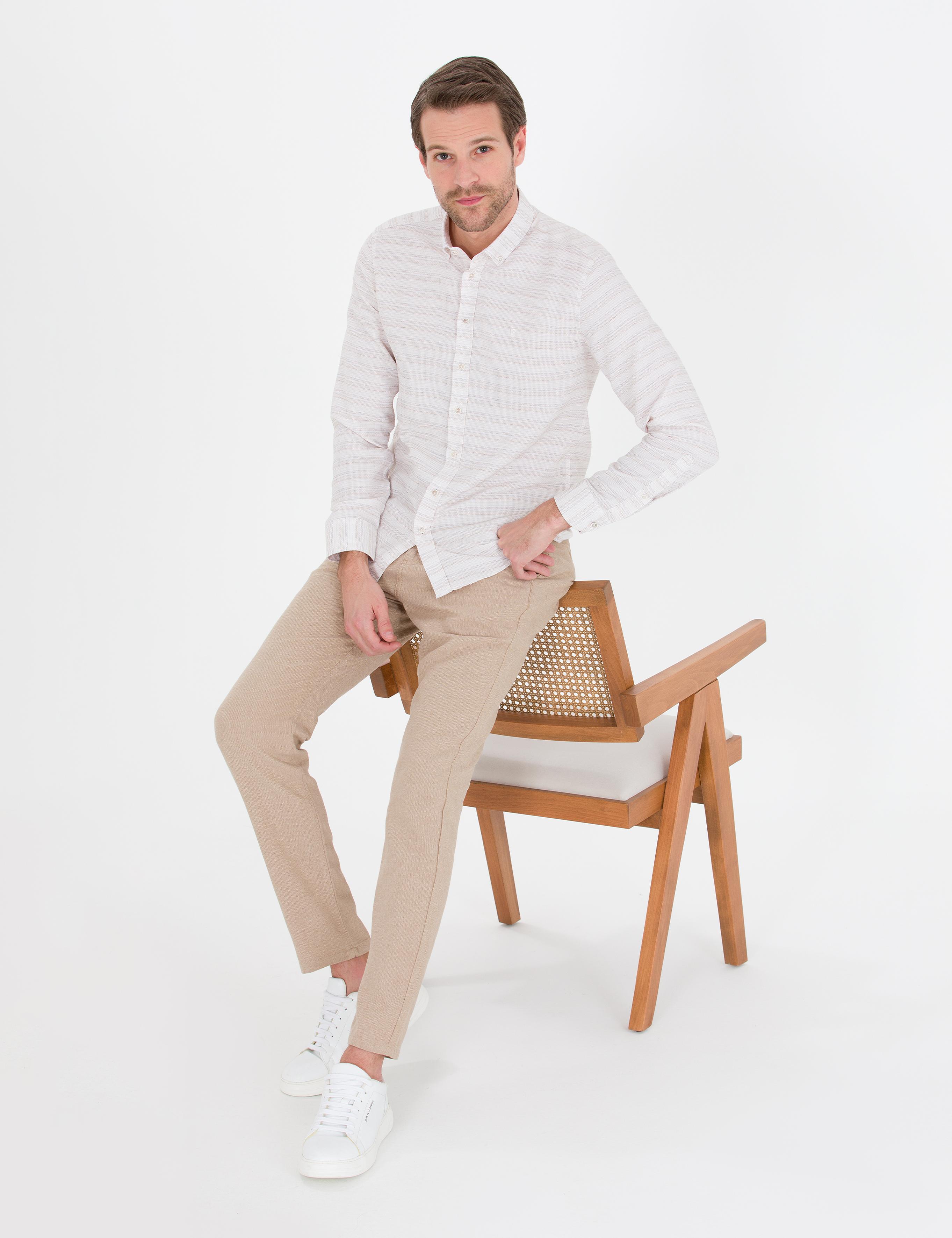 Bej Slim Fit Uzun Kollu Gömlek