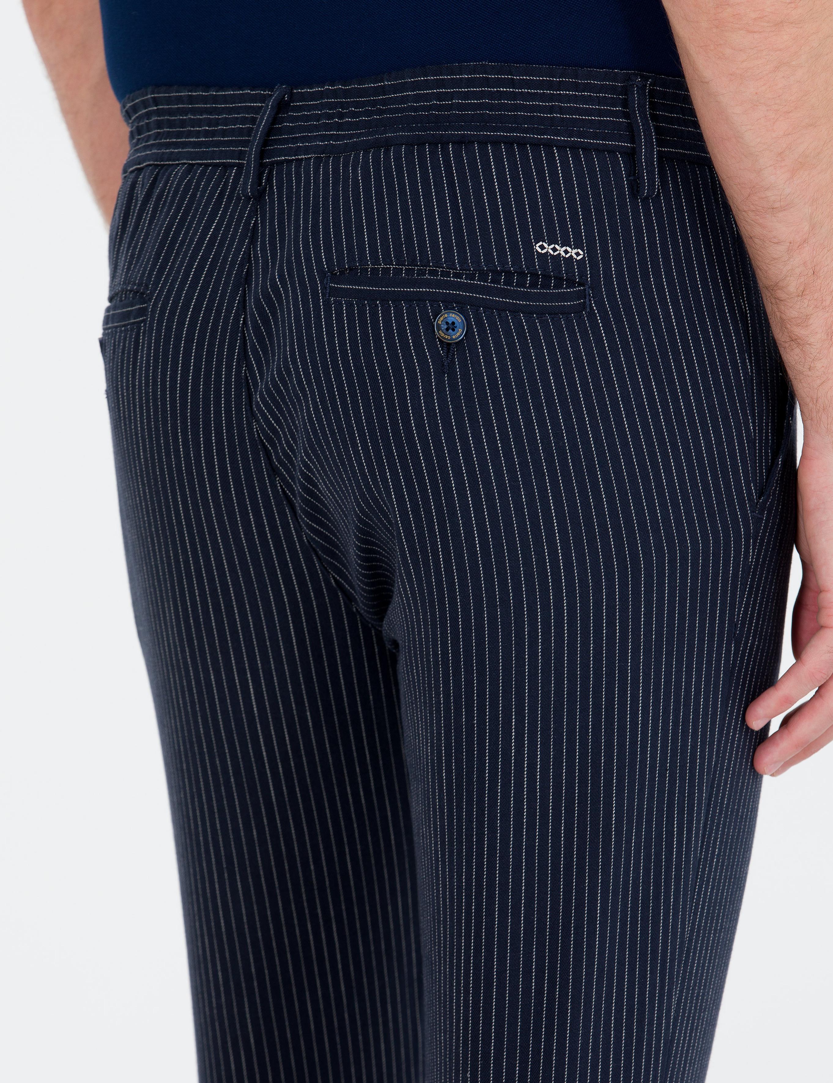 Lacivert Slim Fit Keten Karışımlı Beli Lastikli Kanvas Pantolon