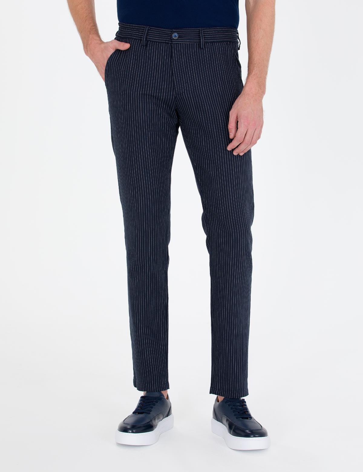 Lacivert Slim Fit Keten Karışımlı Beli Lastikli Kanvas Pantolon - 50268041104