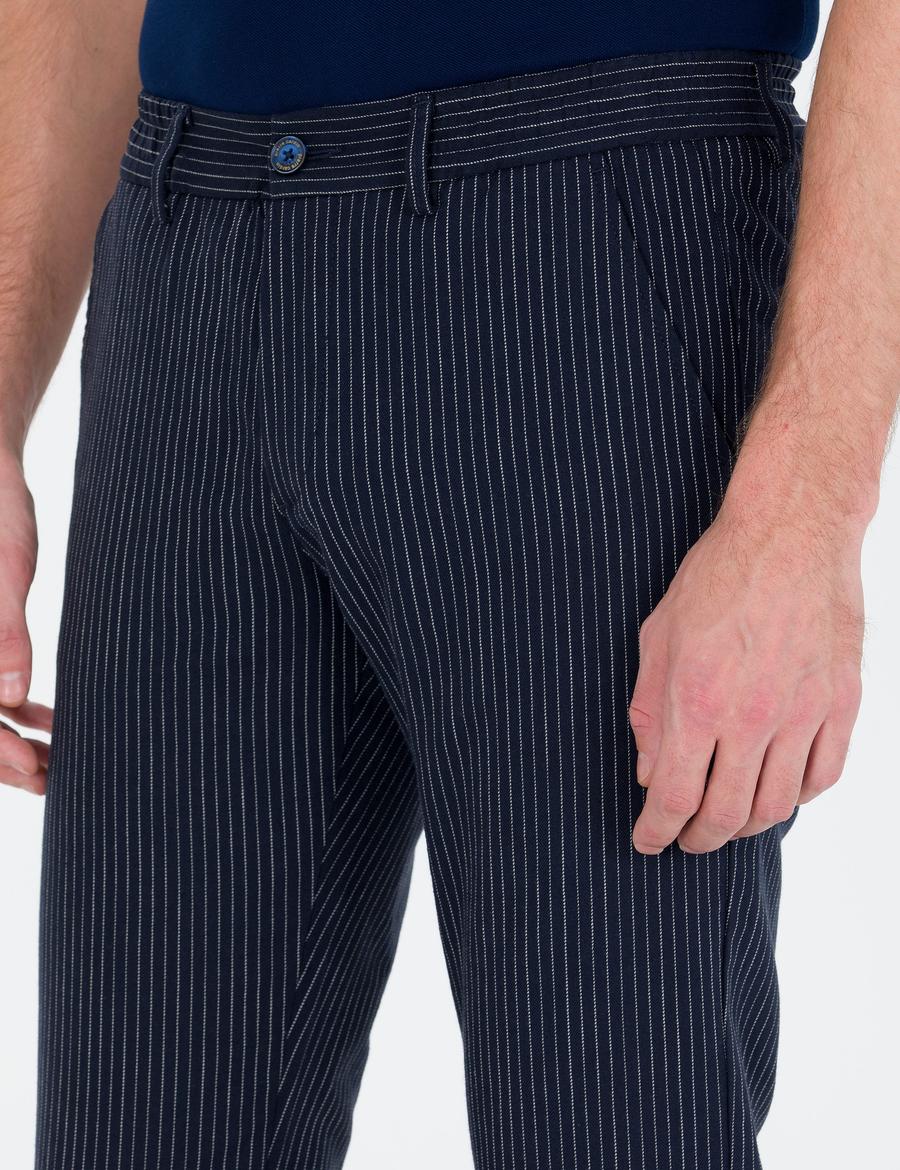 Lacivert Slim Fit Keten Karışımlı Beli Lastikli Kanvas Pantolon