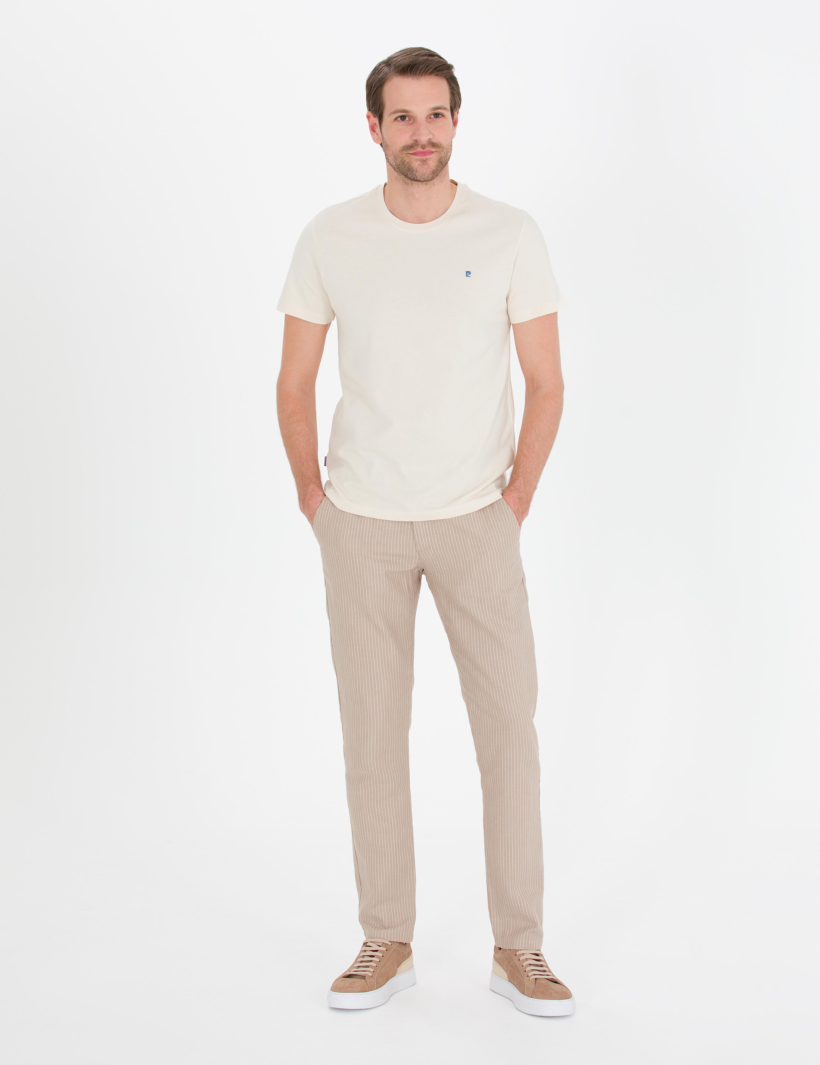 Açık Kahverengi Slim Fit Keten Karışımlı Beli Lastikli Kanvas Pantolon