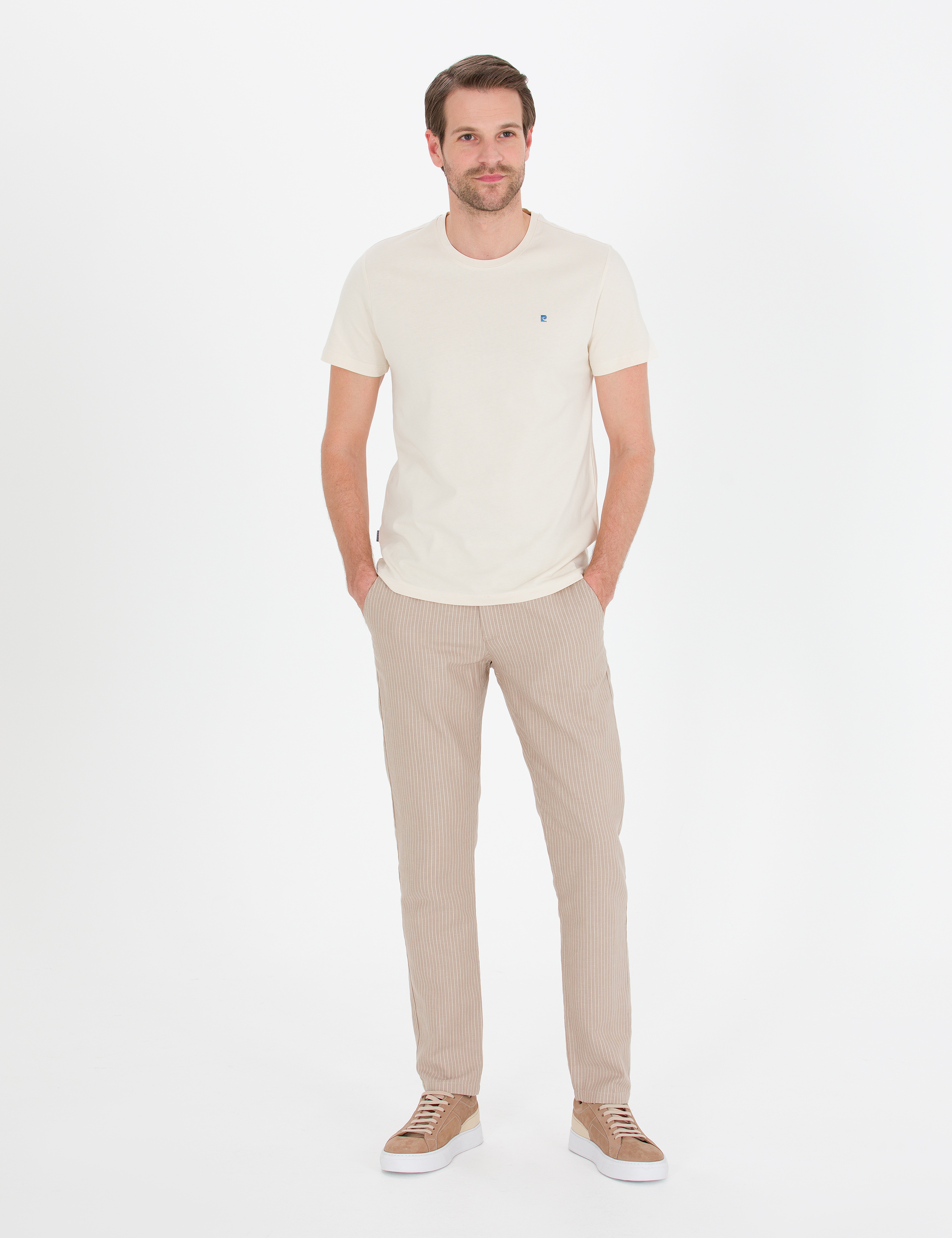Açık Kahverengi Slim Fit Keten Karışımlı Beli Lastikli Kanvas Pantolon - Image 1