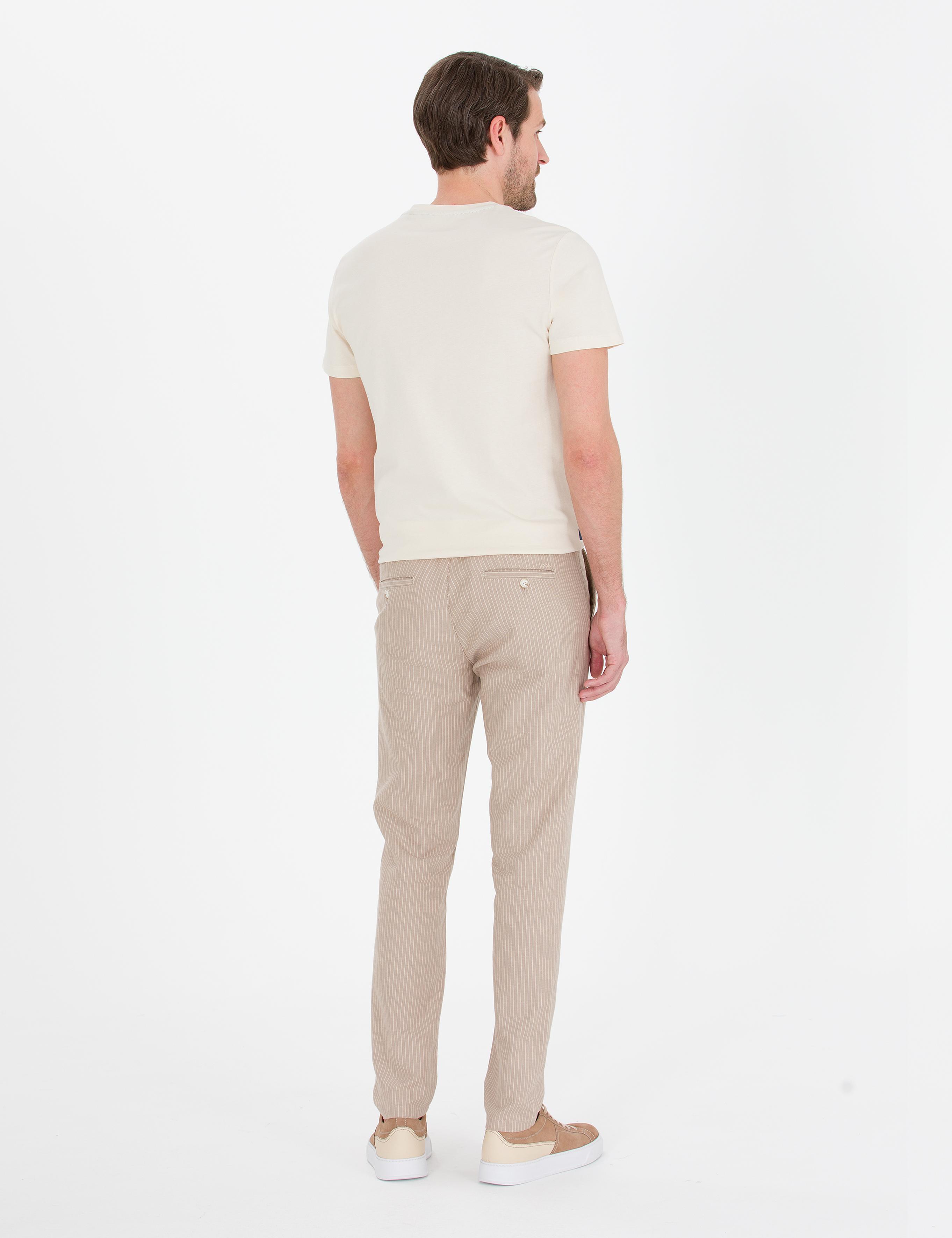 Açık Kahverengi Slim Fit Keten Karışımlı Beli Lastikli Kanvas Pantolon