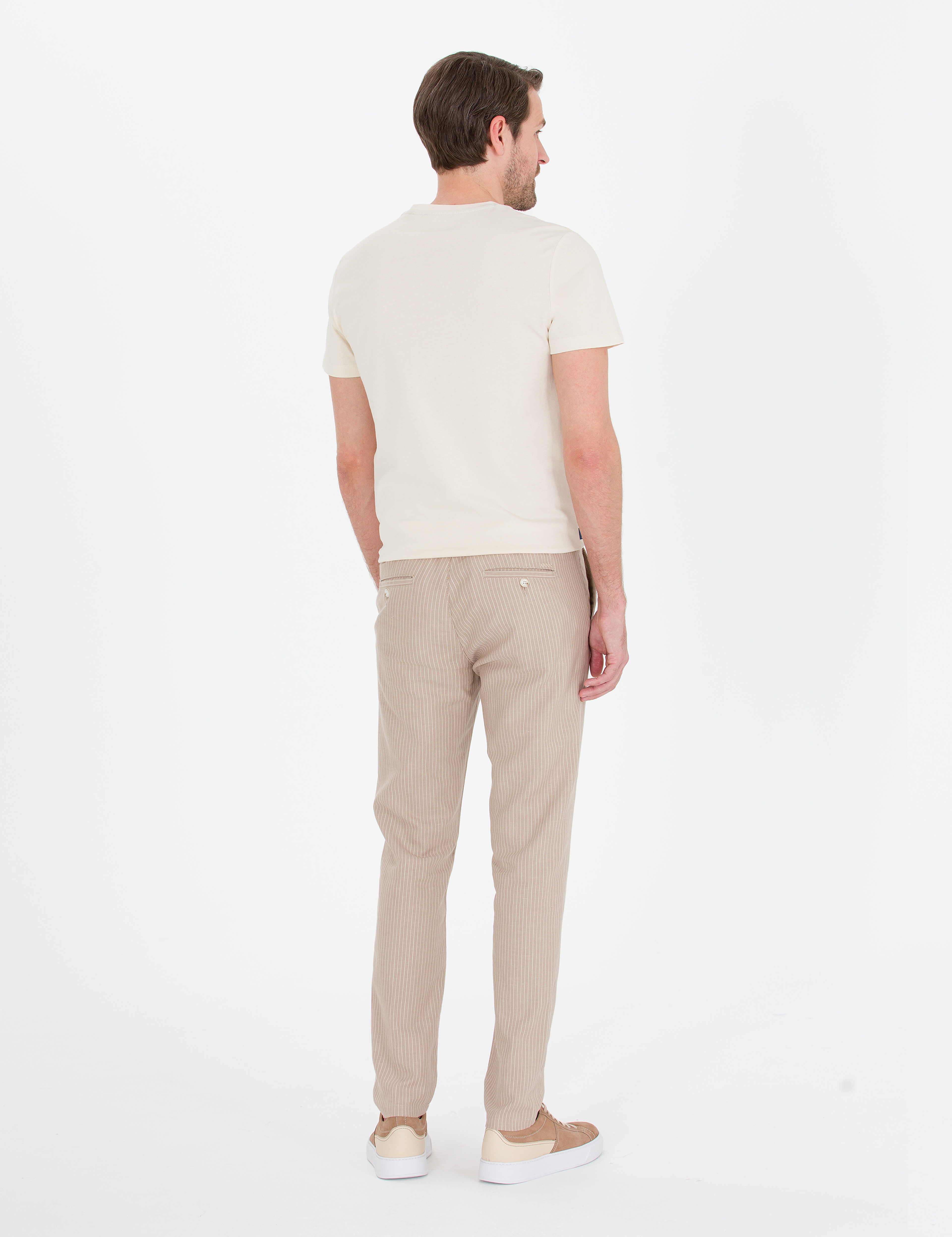 Açık Kahverengi Slim Fit Keten Karışımlı Beli Lastikli Kanvas Pantolon - Image 6