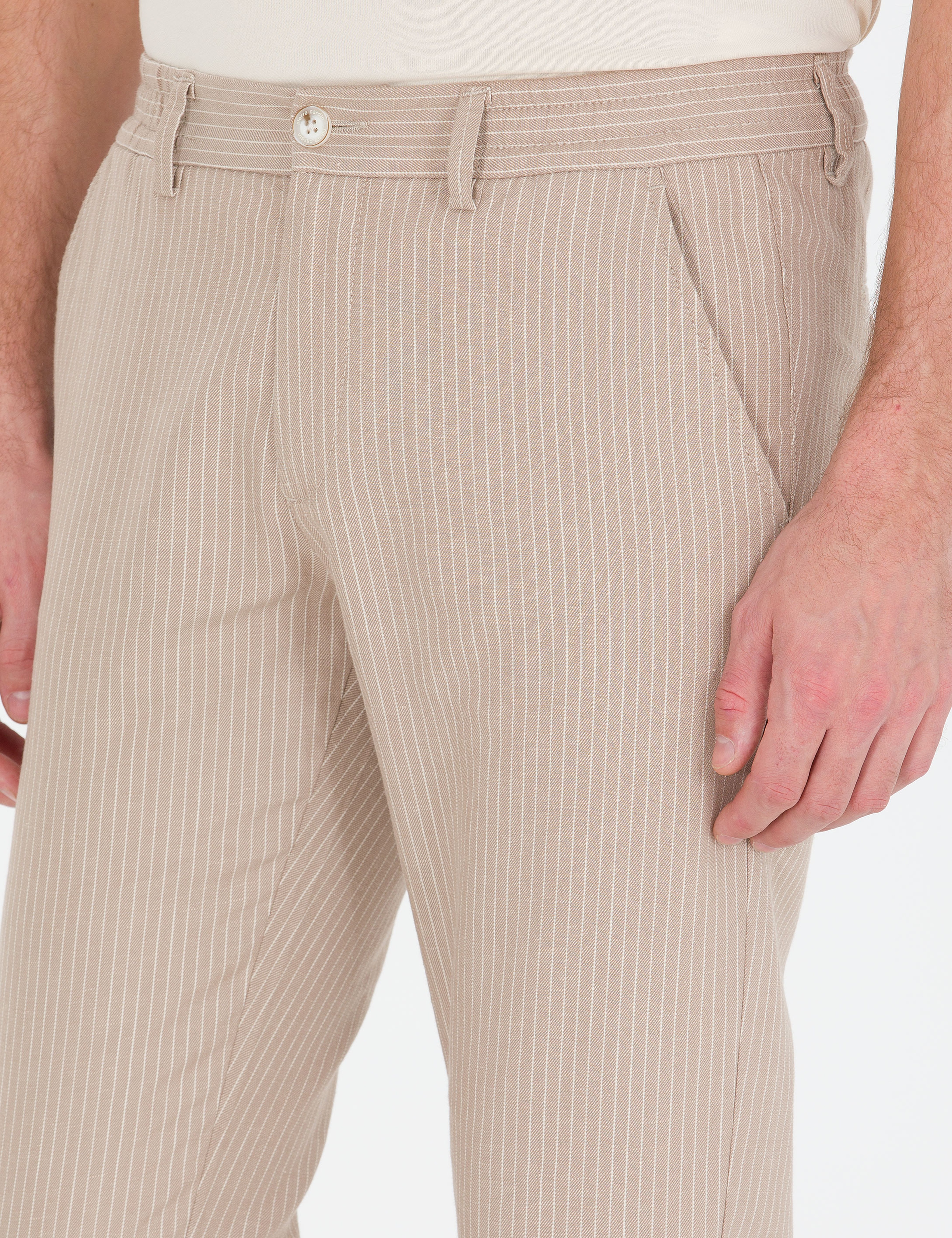 Açık Kahverengi Slim Fit Keten Karışımlı Beli Lastikli Kanvas Pantolon - Image 2