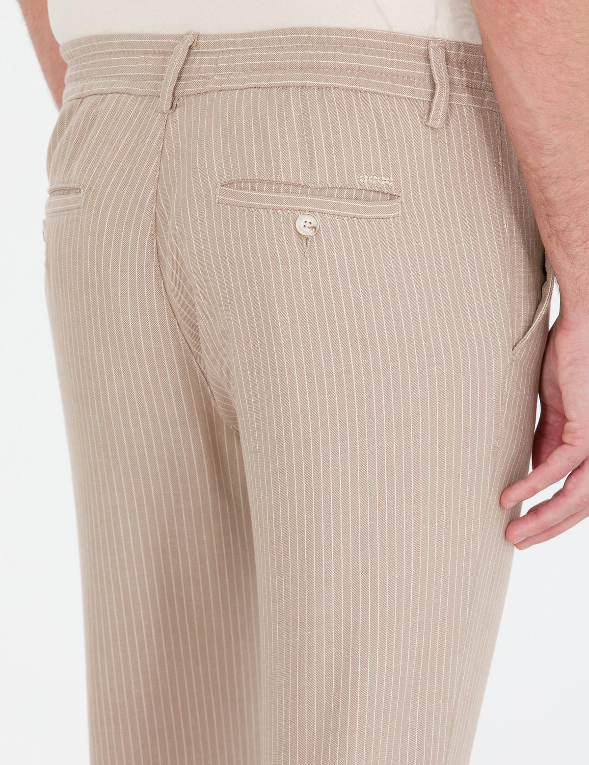 Açık Kahverengi Slim Fit Keten Karışımlı Beli Lastikli Kanvas Pantolon - 50268041213