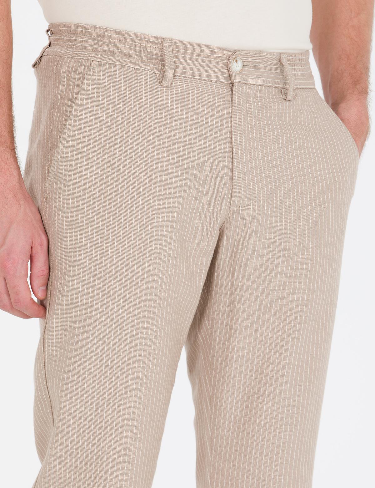 Açık Kahverengi Slim Fit Keten Karışımlı Beli Lastikli Kanvas Pantolon - 50268041213