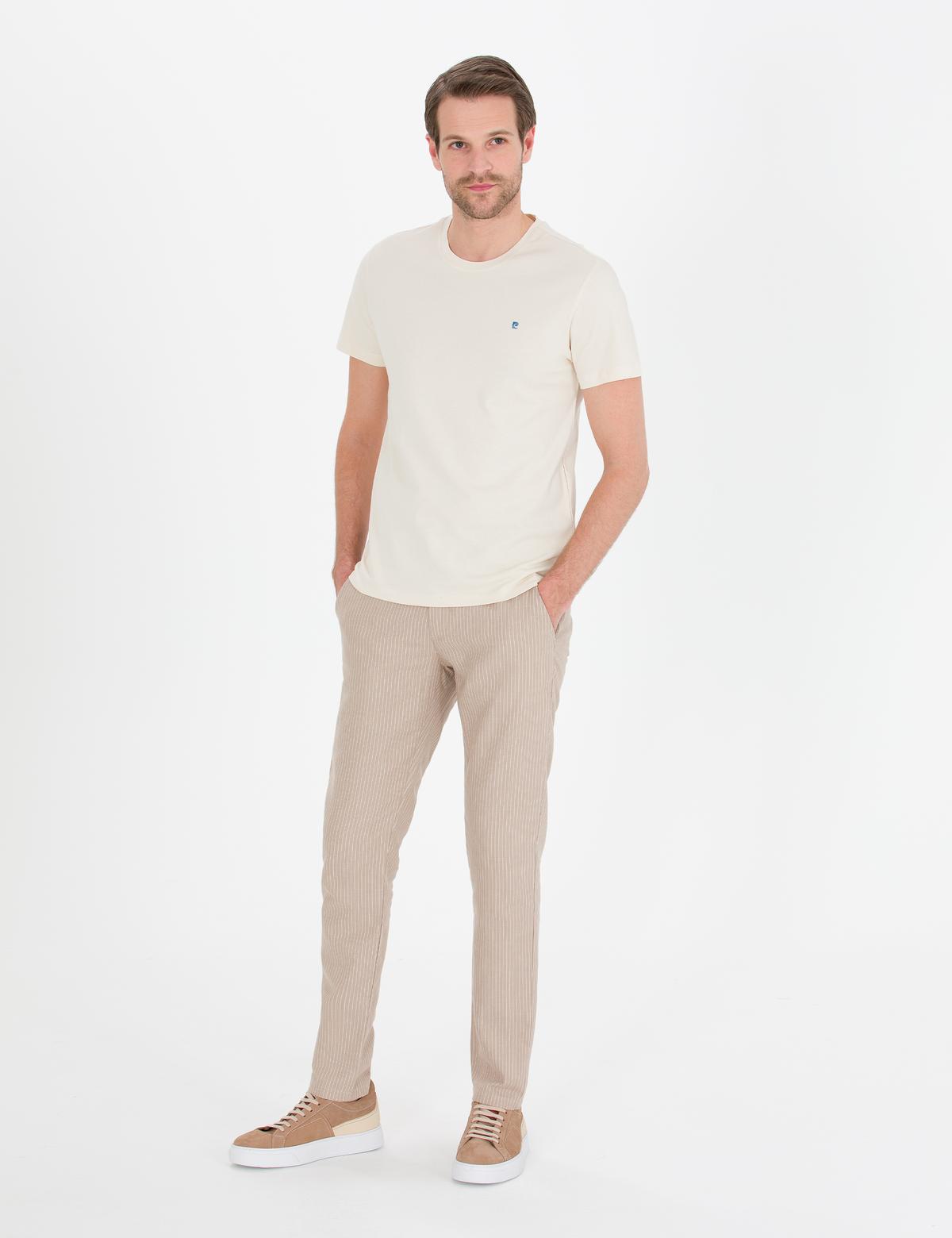 Açık Kahverengi Slim Fit Keten Karışımlı Beli Lastikli Kanvas Pantolon - 50268041213