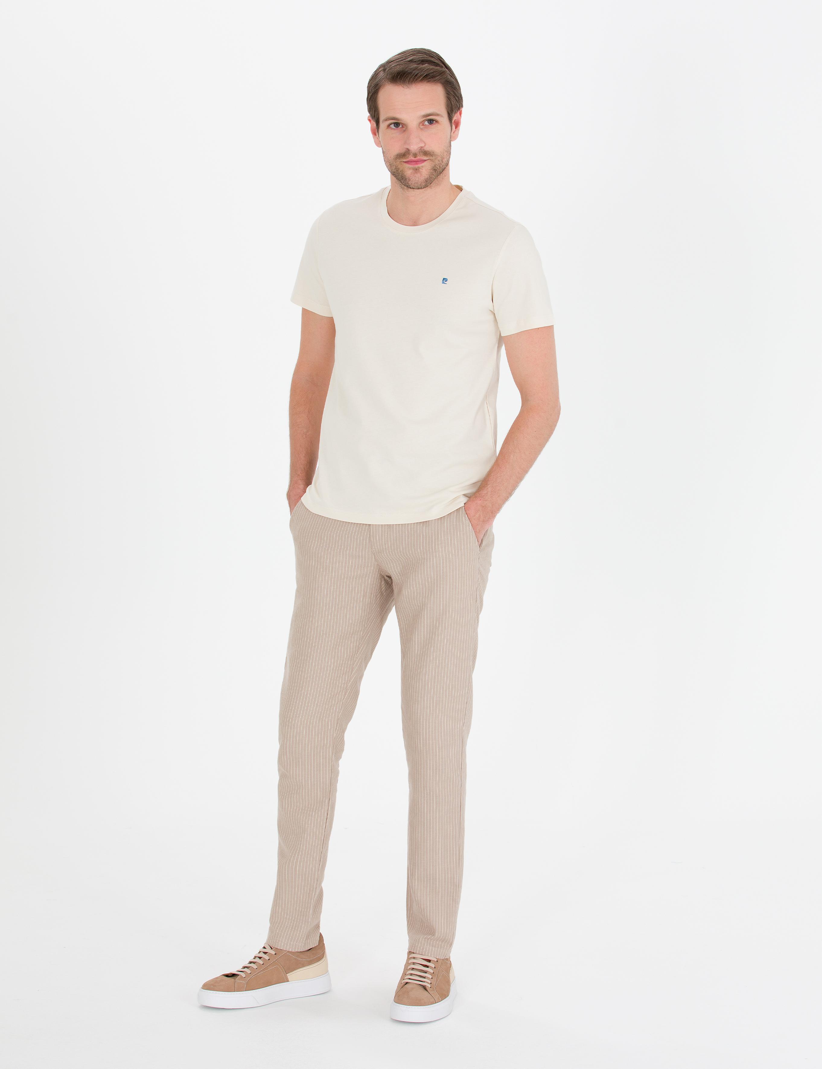 Açık Kahverengi Slim Fit Keten Karışımlı Beli Lastikli Kanvas Pantolon