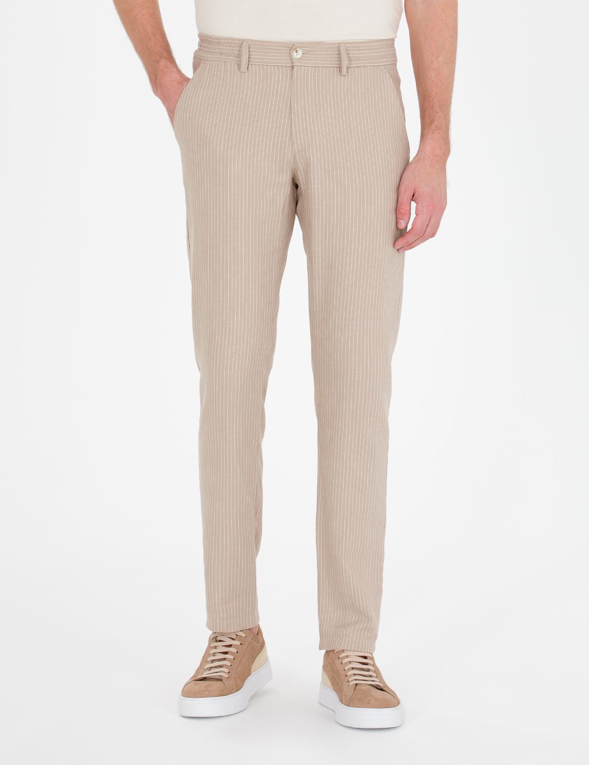 Açık Kahverengi Slim Fit Keten Karışımlı Beli Lastikli Kanvas Pantolon - 50268041213