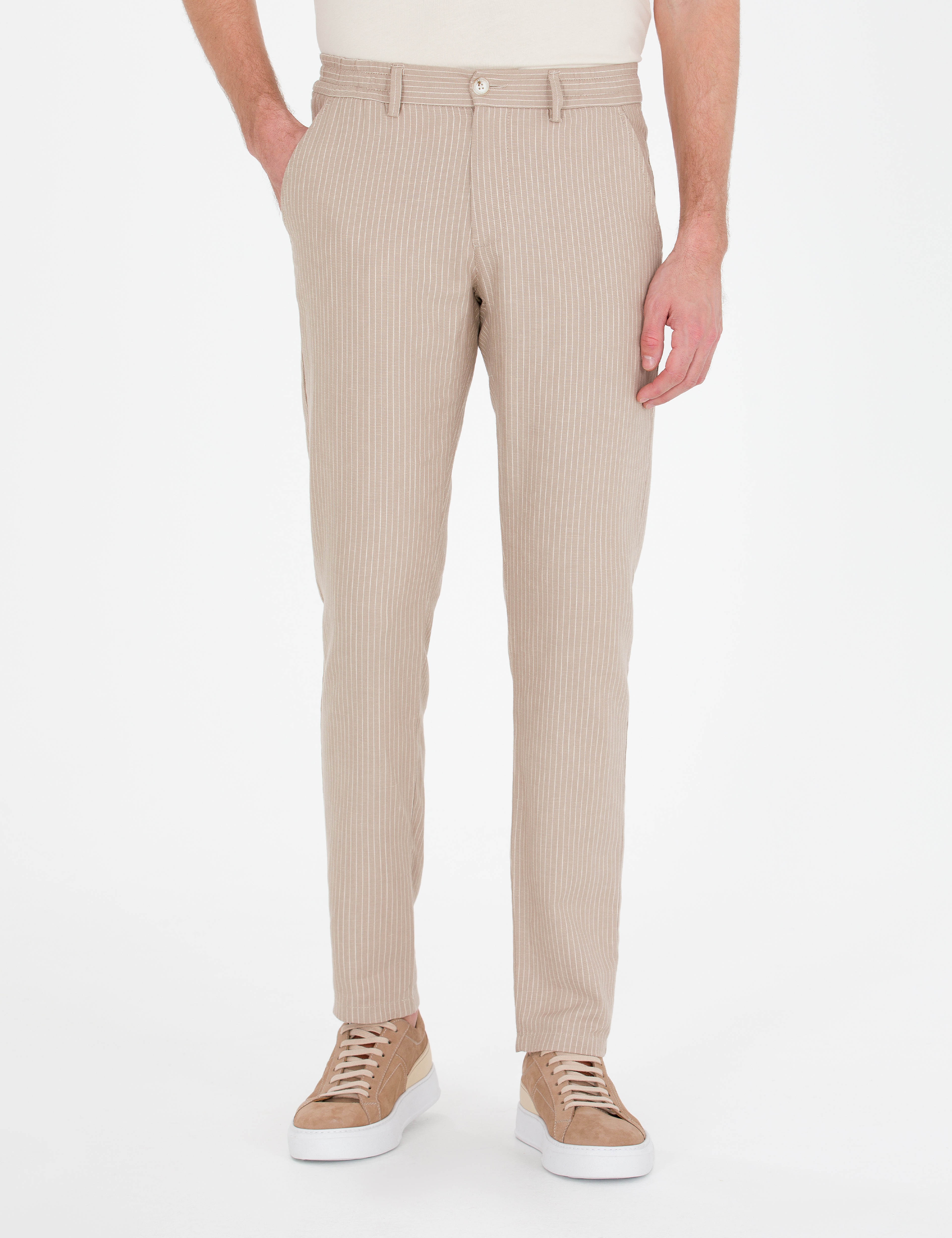 Açık Kahverengi Slim Fit Keten Karışımlı Beli Lastikli Kanvas Pantolon - Image 4