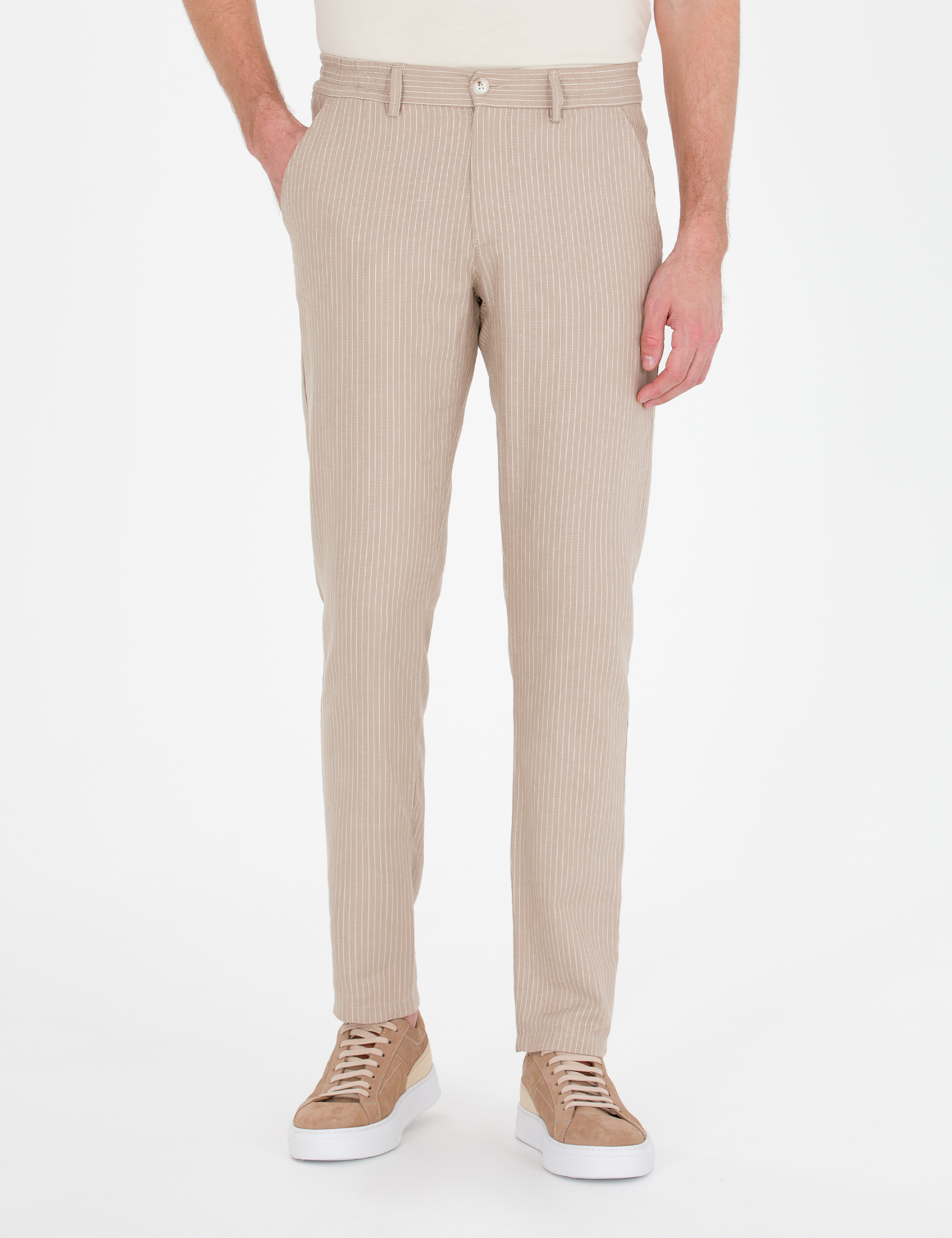 Açık Kahverengi Slim Fit Keten Karışımlı Beli Lastikli Kanvas Pantolon