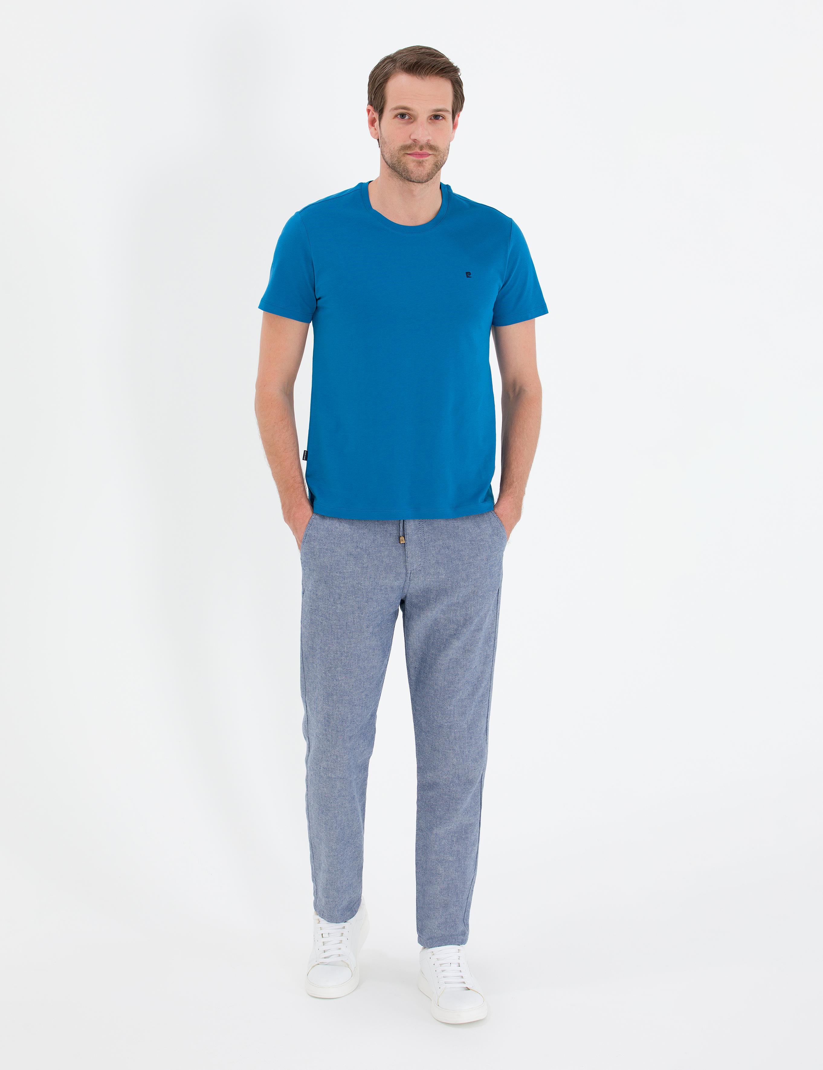 Lacivert Carrot Fit Beli Lastikli Keten Karışımlı Kanvas Pantolon