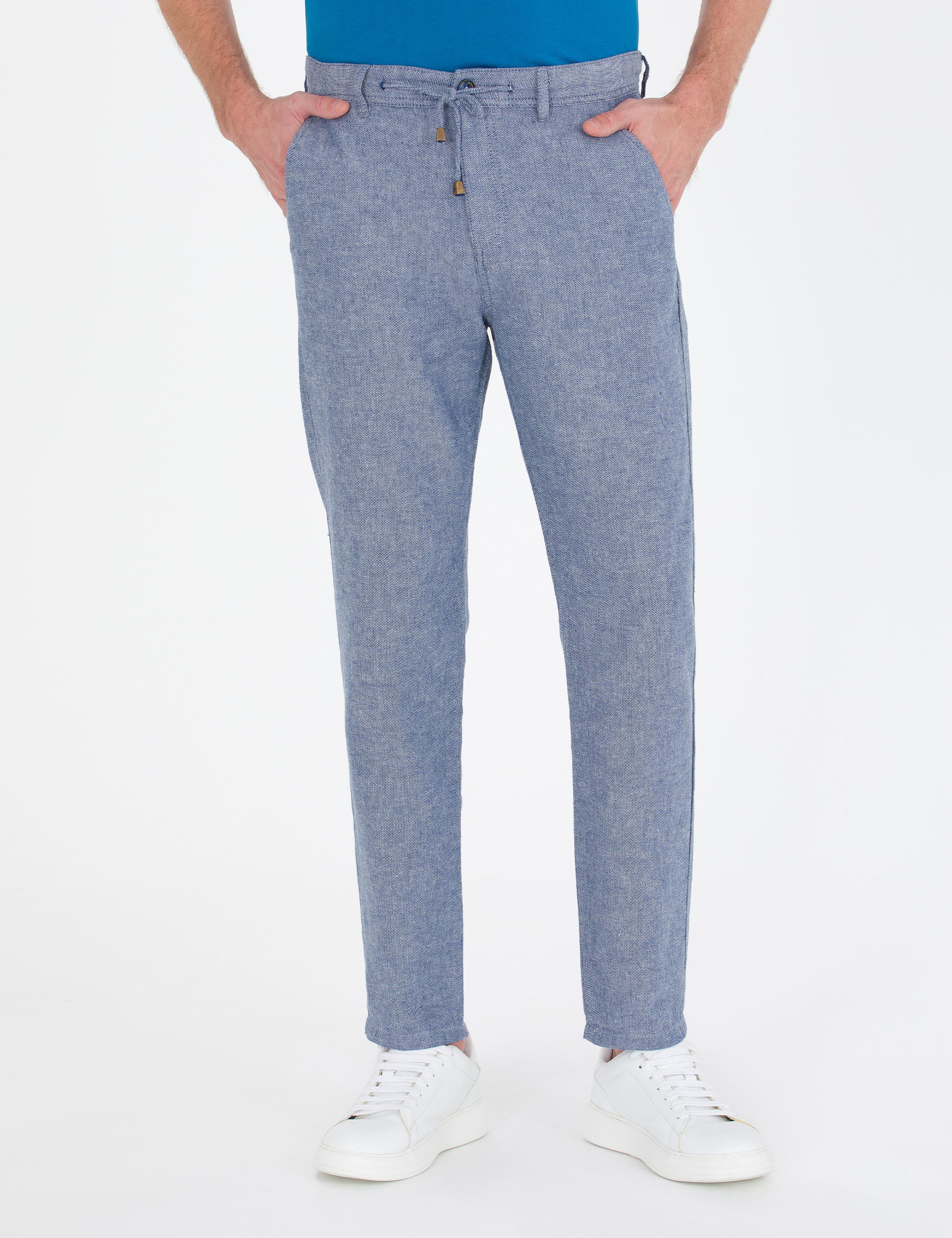 Lacivert Carrot Fit Beli Lastikli Keten Karışımlı Kanvas Pantolon