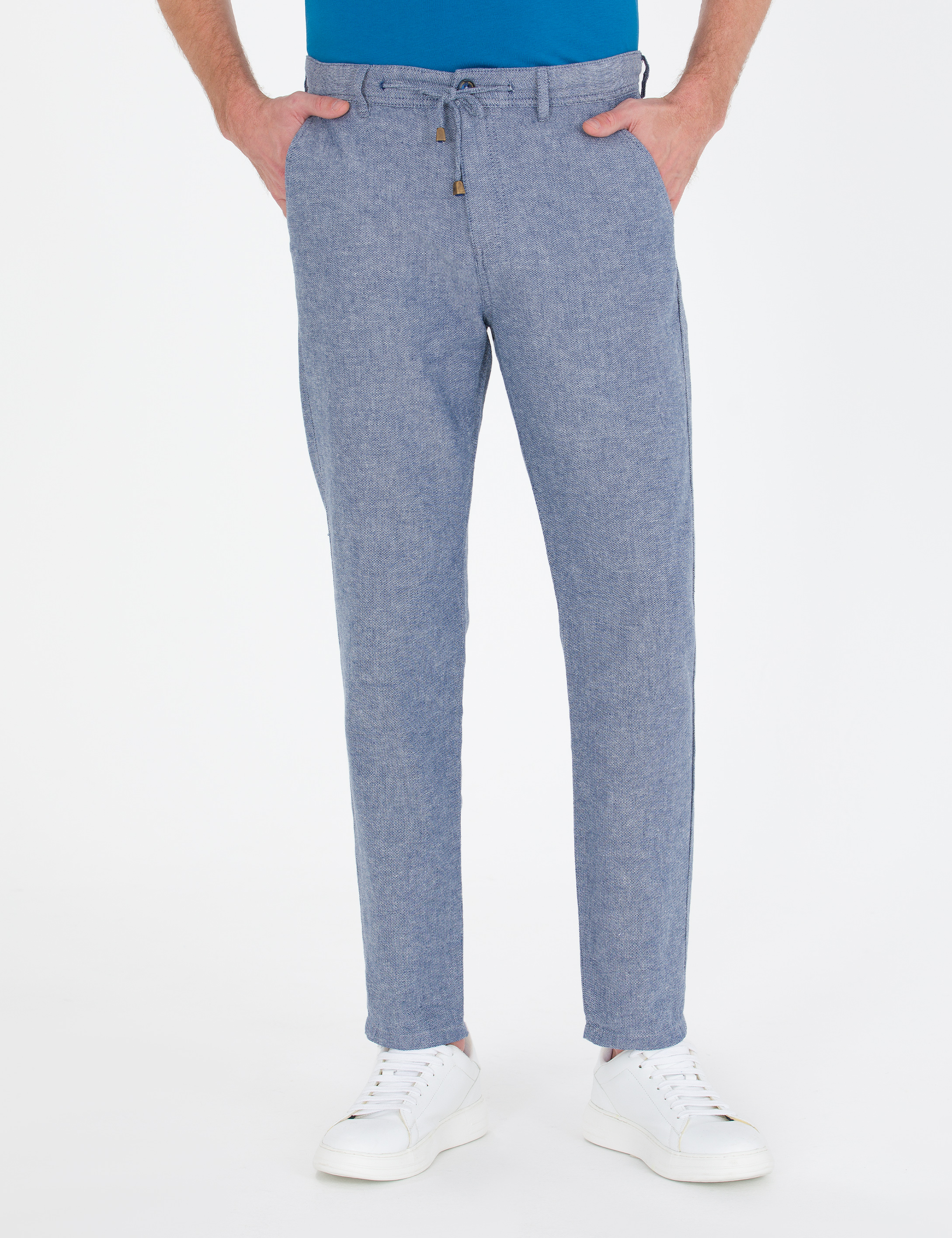 Lacivert Carrot Fit Beli Lastikli Keten Karışımlı Kanvas Pantolon - Image 4