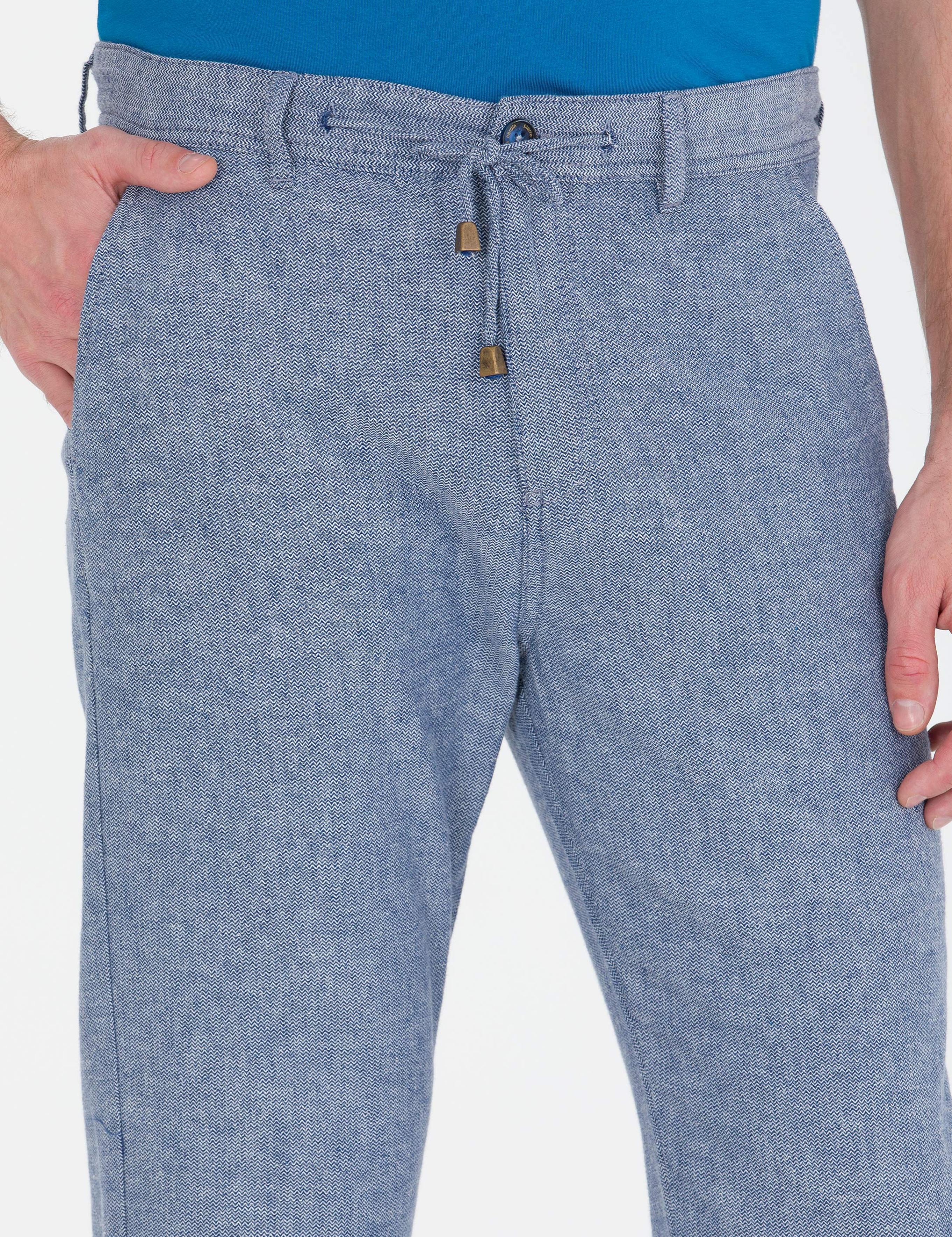 Lacivert Carrot Fit Beli Lastikli Keten Karışımlı Kanvas Pantolon