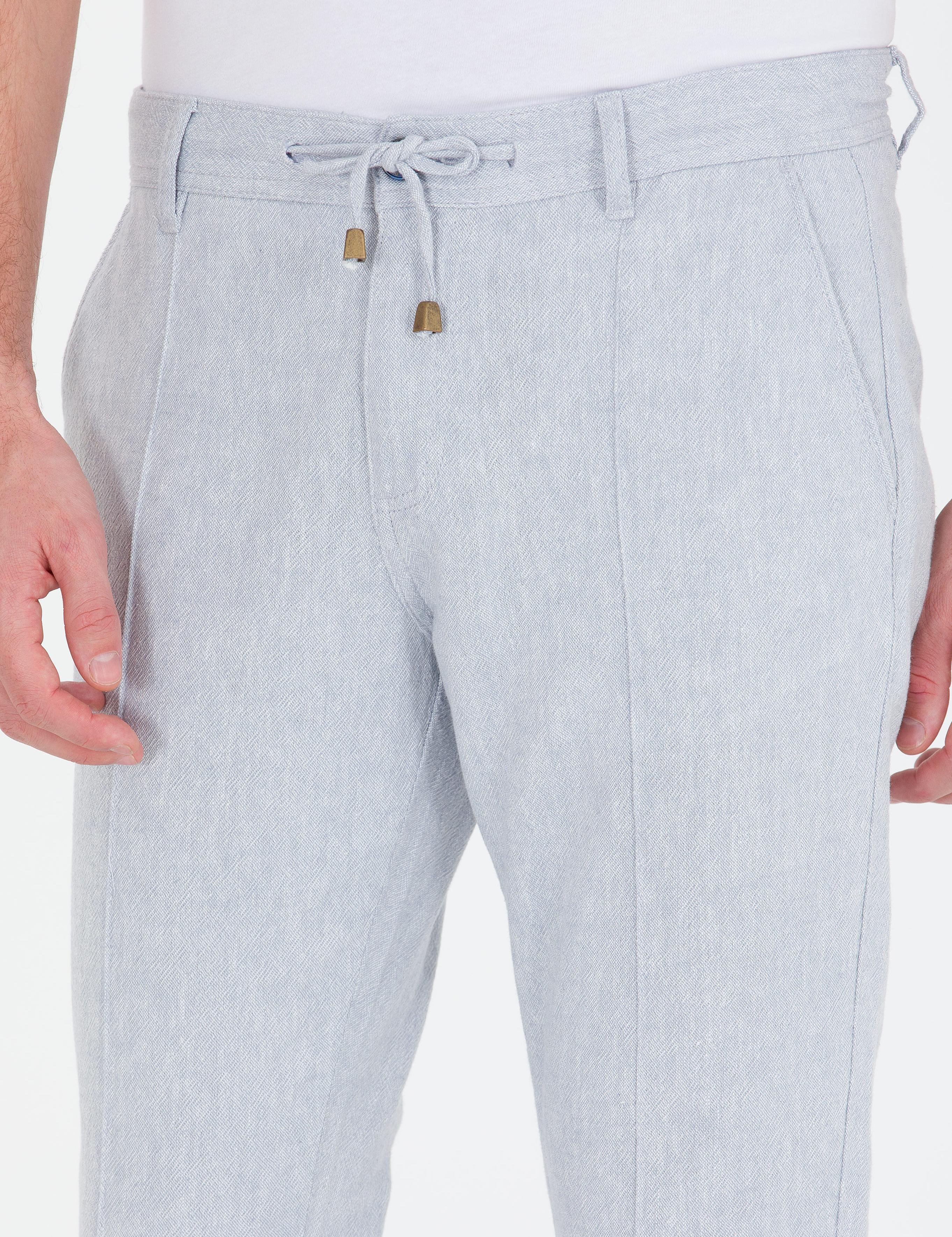 Açık Mavi Slim Fit Keten Karışımlı Kanvas Pantolon