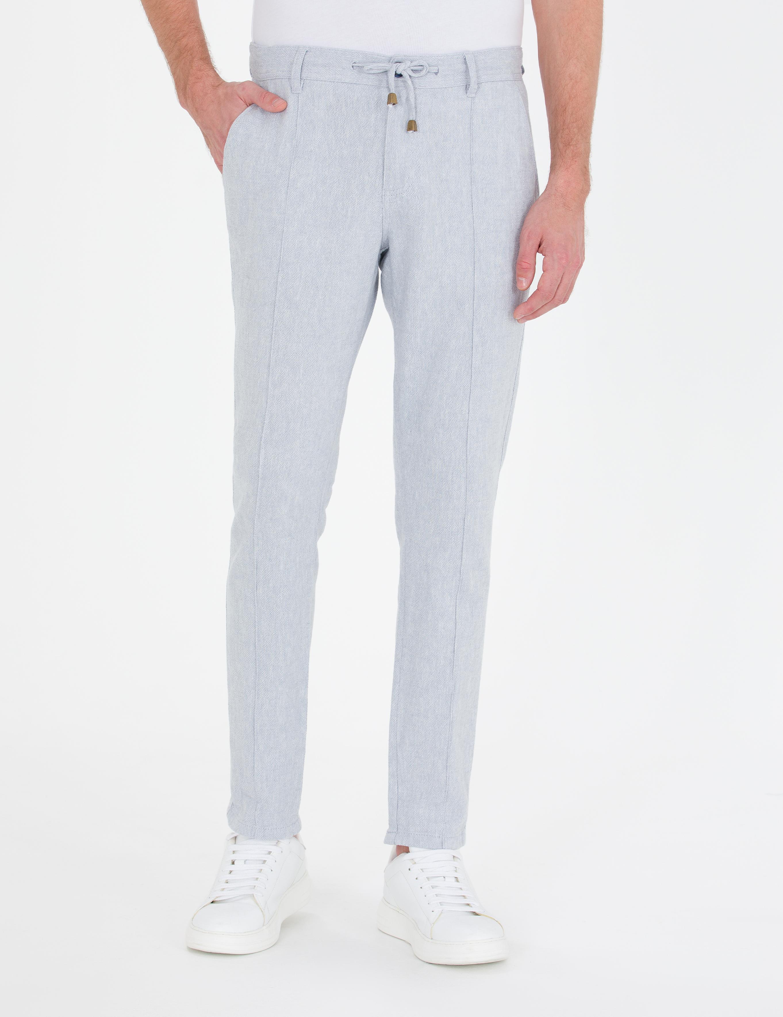 Açık Mavi Slim Fit Keten Karışımlı Kanvas Pantolon