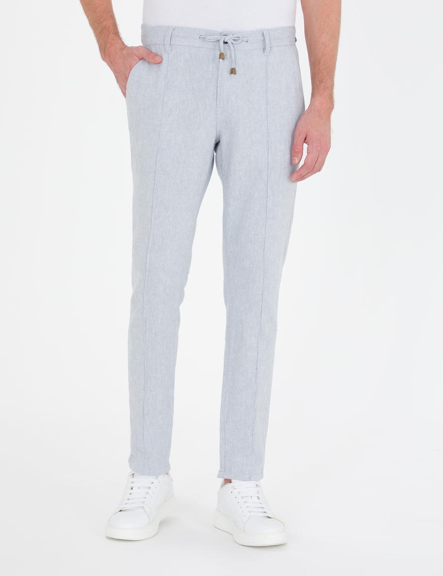 Açık Mavi Slim Fit Keten Karışımlı Kanvas Pantolon