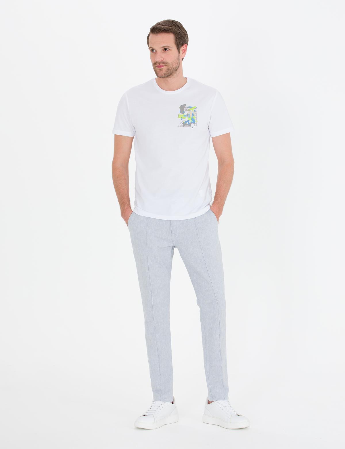 Açık Mavi Slim Fit Keten Karışımlı Kanvas Pantolon