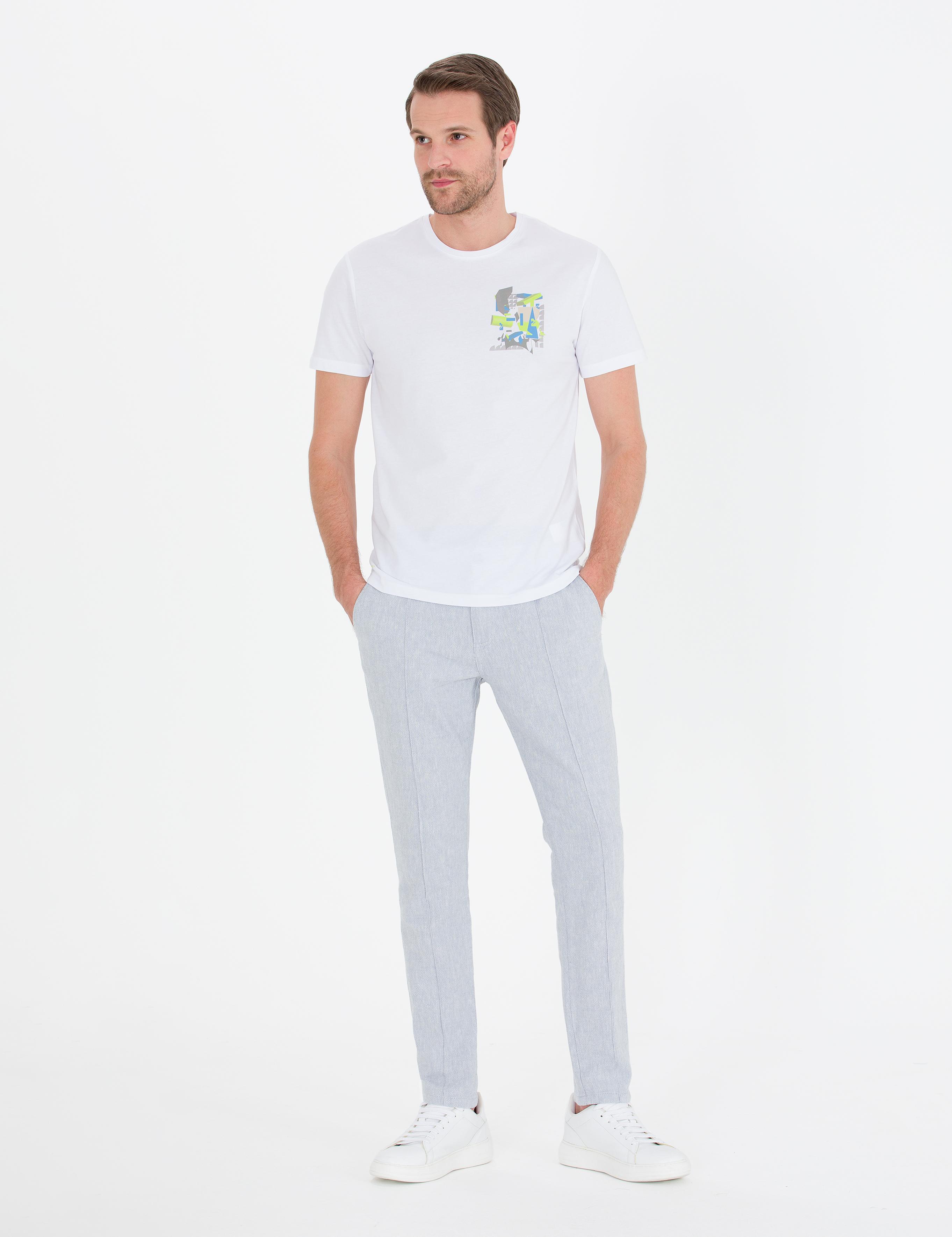 Açık Mavi Slim Fit Keten Karışımlı Kanvas Pantolon