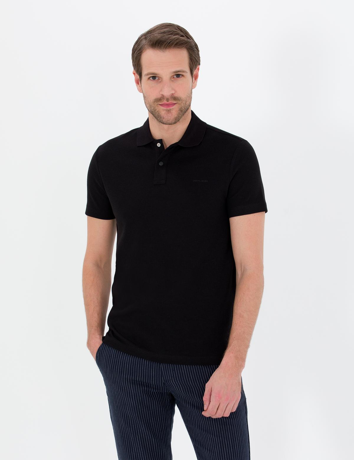 Siyah Dokulu Slim Fit Polo Yaka Tişört - 50269310009