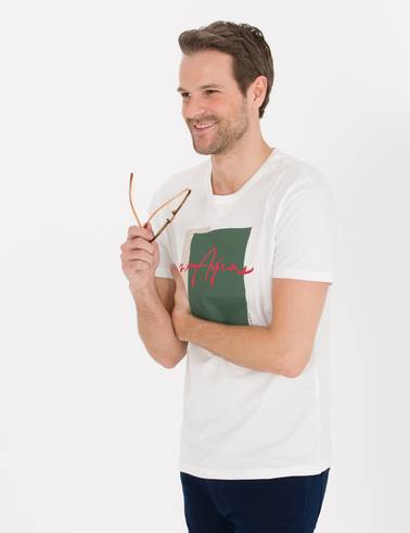 Ekru Slim Fit Baskılı Bisiklet Yaka Tişört