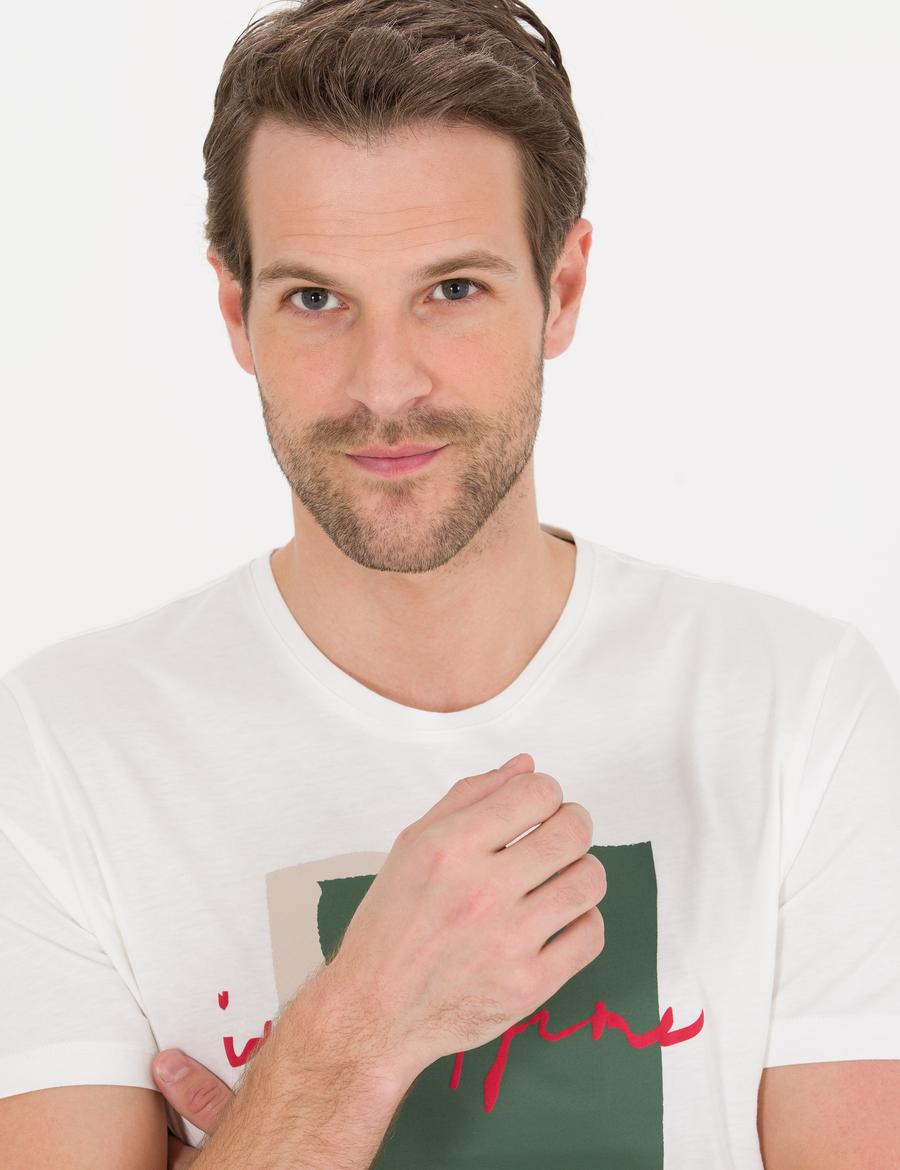 Ekru Slim Fit Baskılı Bisiklet Yaka Tişört