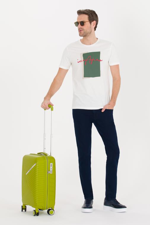 Ekru Slim Fit Baskılı Bisiklet Yaka Tişört