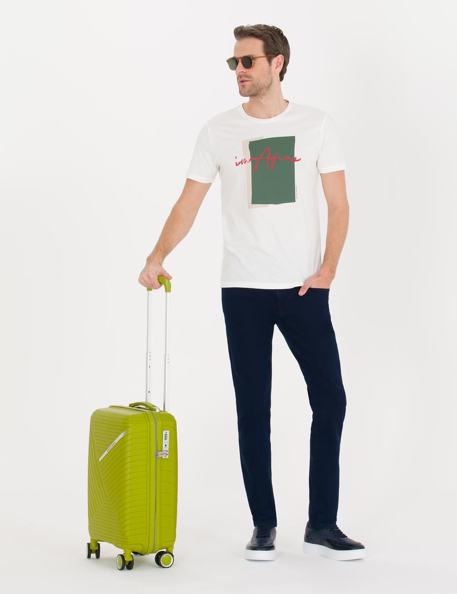 Ekru Slim Fit Baskılı Bisiklet Yaka Tişört