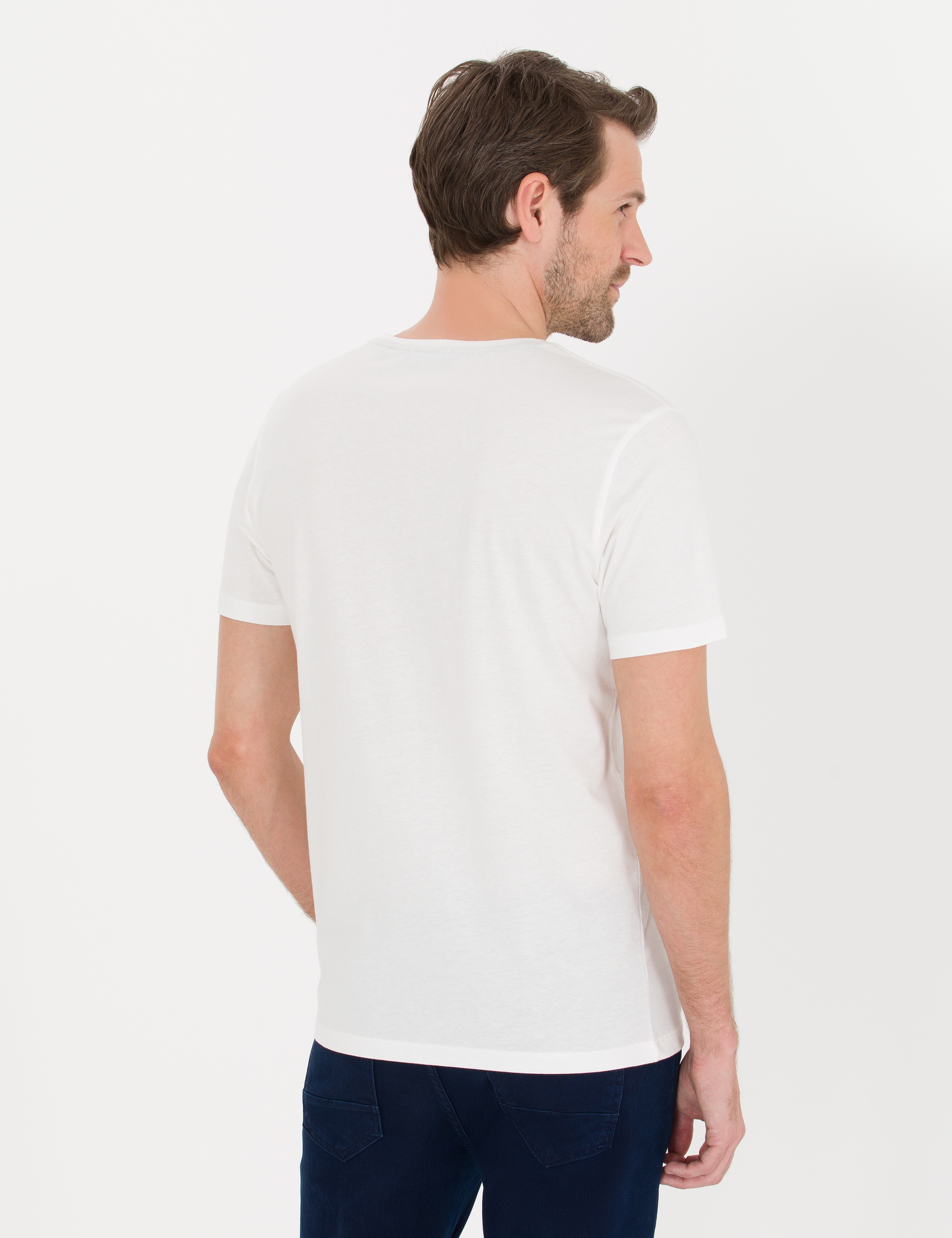 Ekru Slim Fit Baskılı Bisiklet Yaka Tişört - Image 5