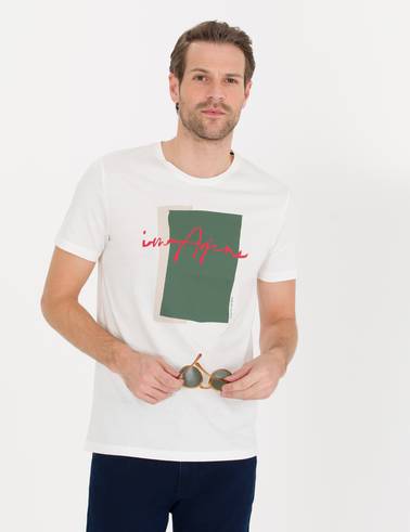 Ekru Slim Fit Baskılı Bisiklet Yaka Tişört