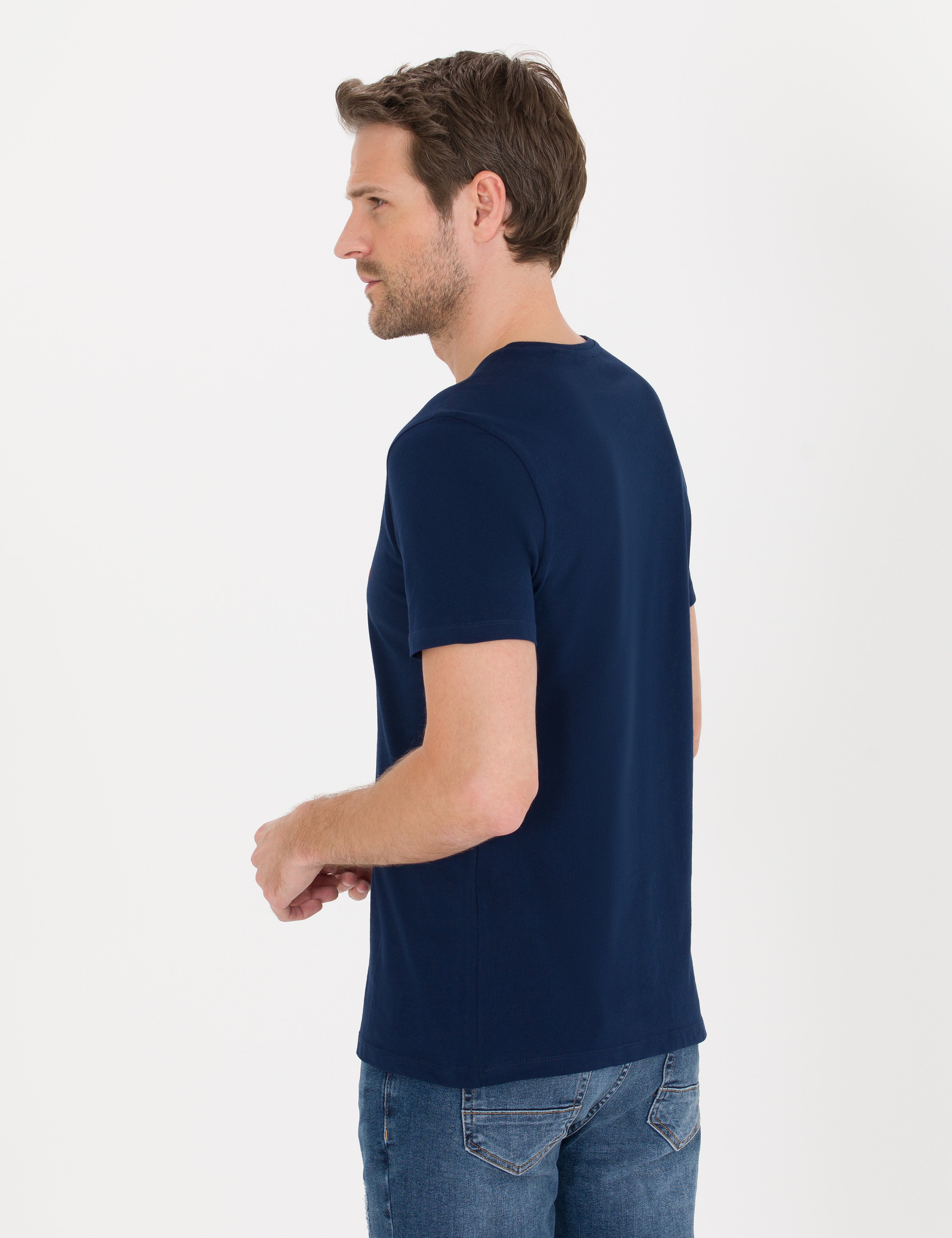 Lacivert Slim Fit Baskılı Bisiklet Yaka Tişört - Image 5
