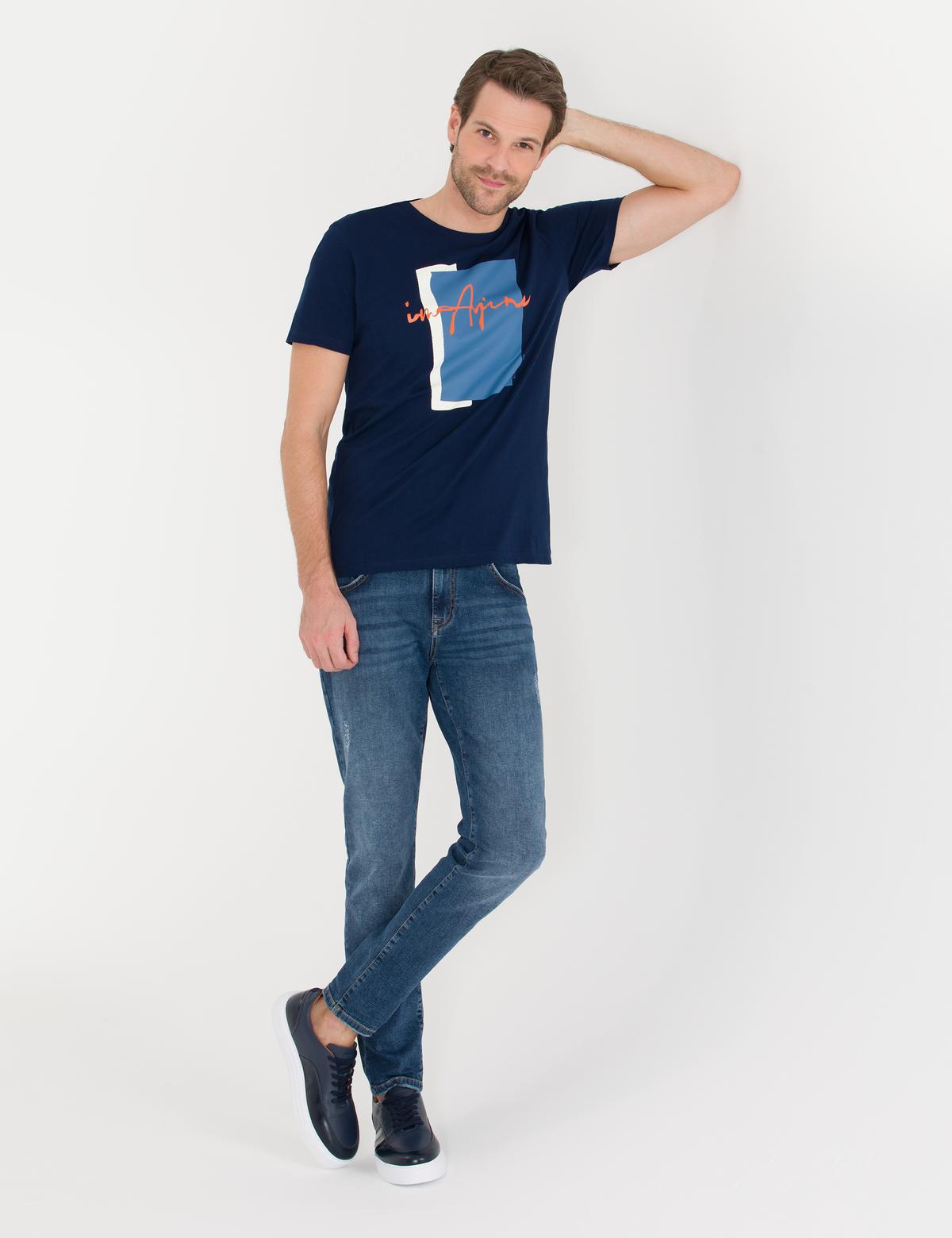 Lacivert Slim Fit Baskılı Bisiklet Yaka Tişört - 50262626106