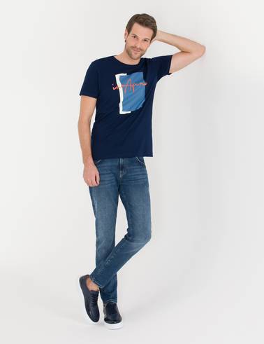 Lacivert Slim Fit Baskılı Bisiklet Yaka Tişört