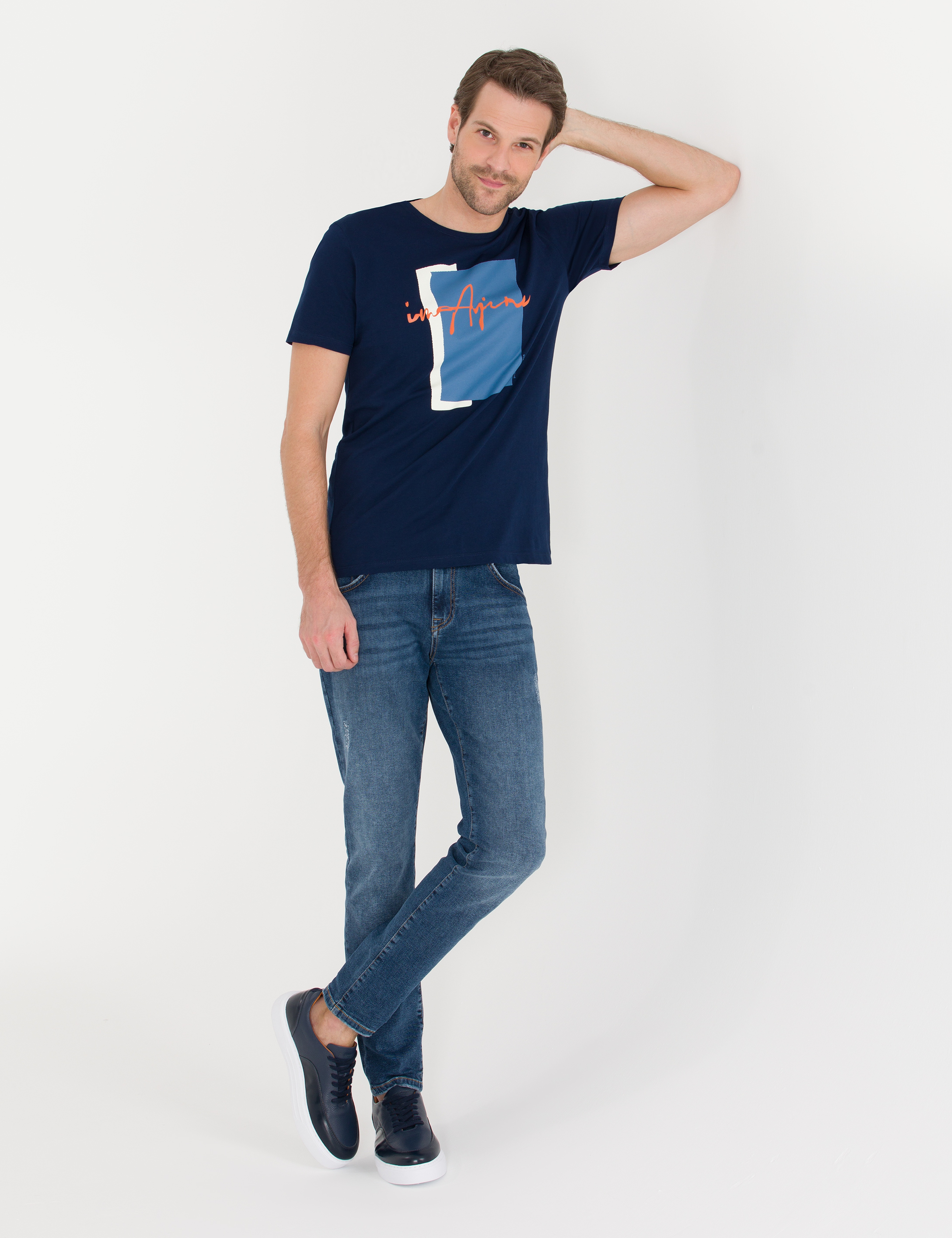 Lacivert Slim Fit Baskılı Bisiklet Yaka Tişört - Image 4
